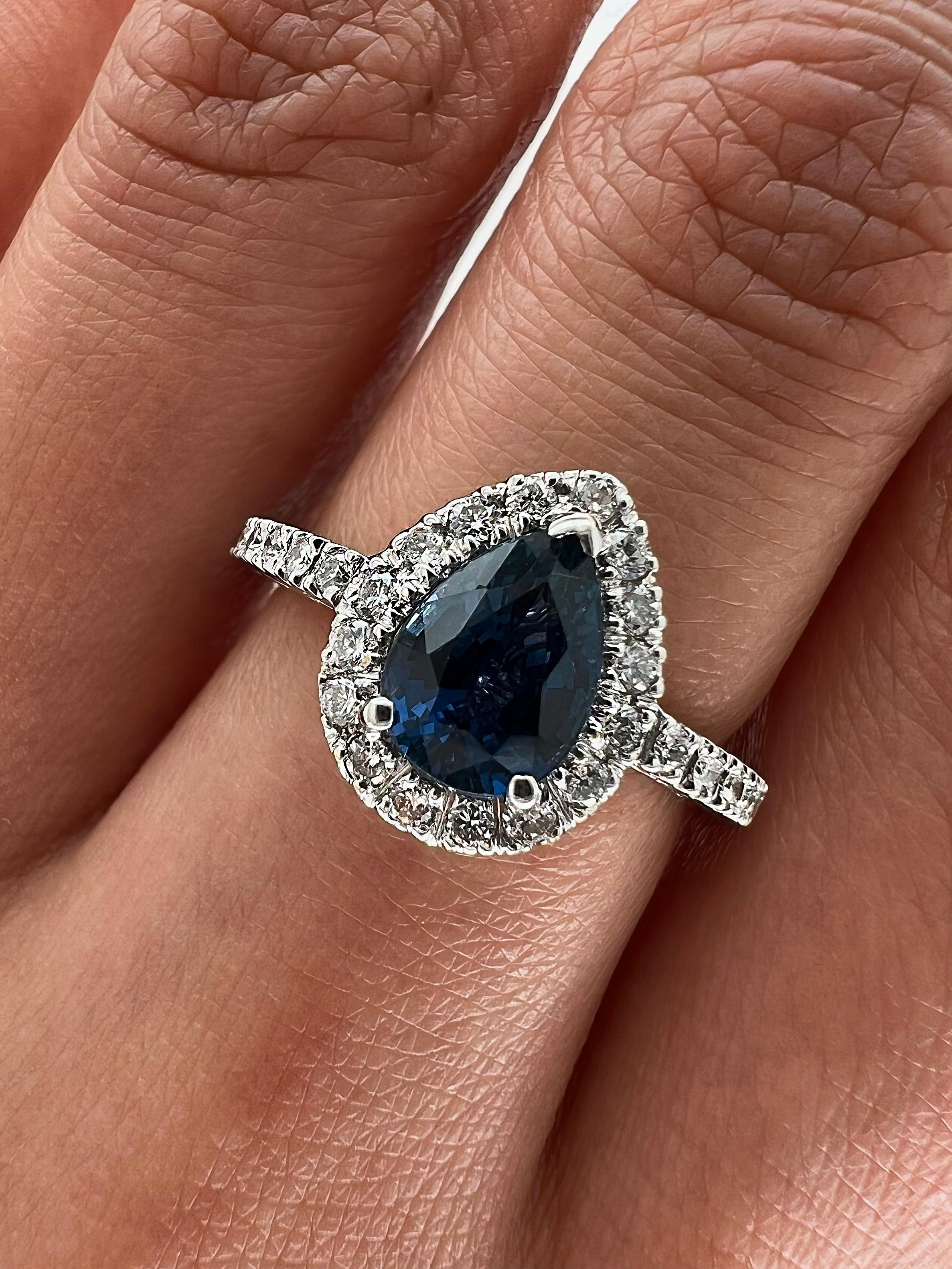 Pear Cut 2.09 Total Carat Blue Sapphire Diamond Engagement Ring For Sale