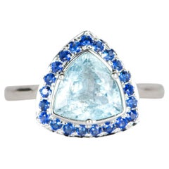 1,69 Karat Moss Aquamarin mit blauem Saphir Halo 9K Gold Verlobungsring R6330