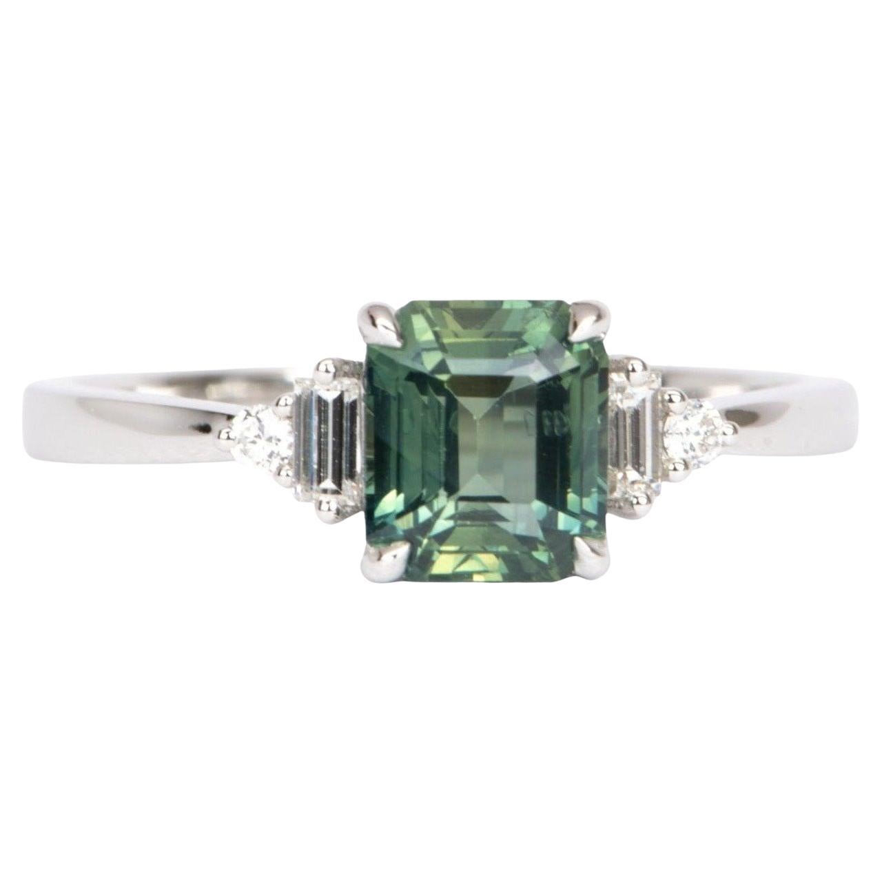 1,69ct Teal Sapphire mit Baguette Diamant Seiten 14k Weißgold Verlobungsring