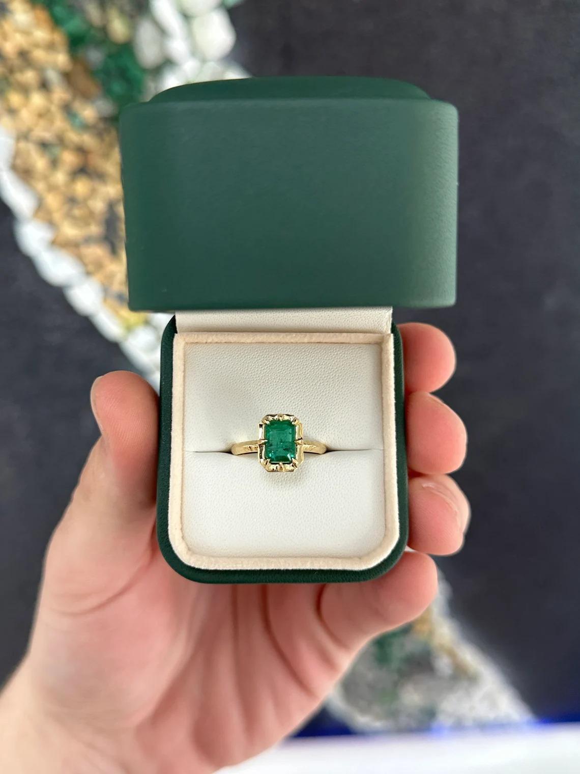 1.69cts 14K Natural Intense Green Emerald Cut Emerald Solitaire Eight Prong Ring In New Condition For Sale In Jupiter, FL