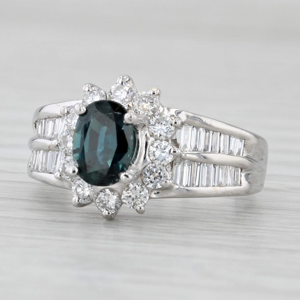 Women's or Men's 1.69ctw Blue Sapphire Diamond Halo Ring 18k White Gold Size 5.5 For Sale