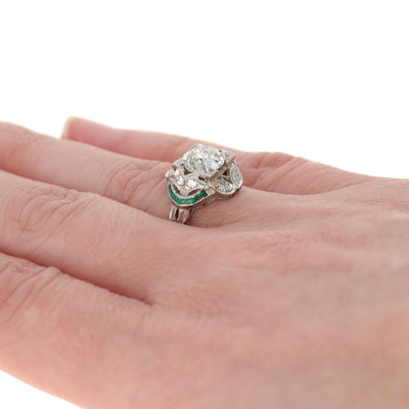 1.69 Carat European Cut Diamond and Simulated Emerald Art Deco Ring Platinum GIA In Excellent Condition In Greensboro, NC