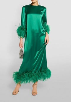 16ARLINGTON GREEN FUJIKO FEATHER-TRIMMED SATIN MIDI Dress Size EU 42