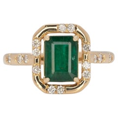 1.6Ct AAA Zambian Emerald Ring with Natural Diamonds Accents: Solid 14K Gold