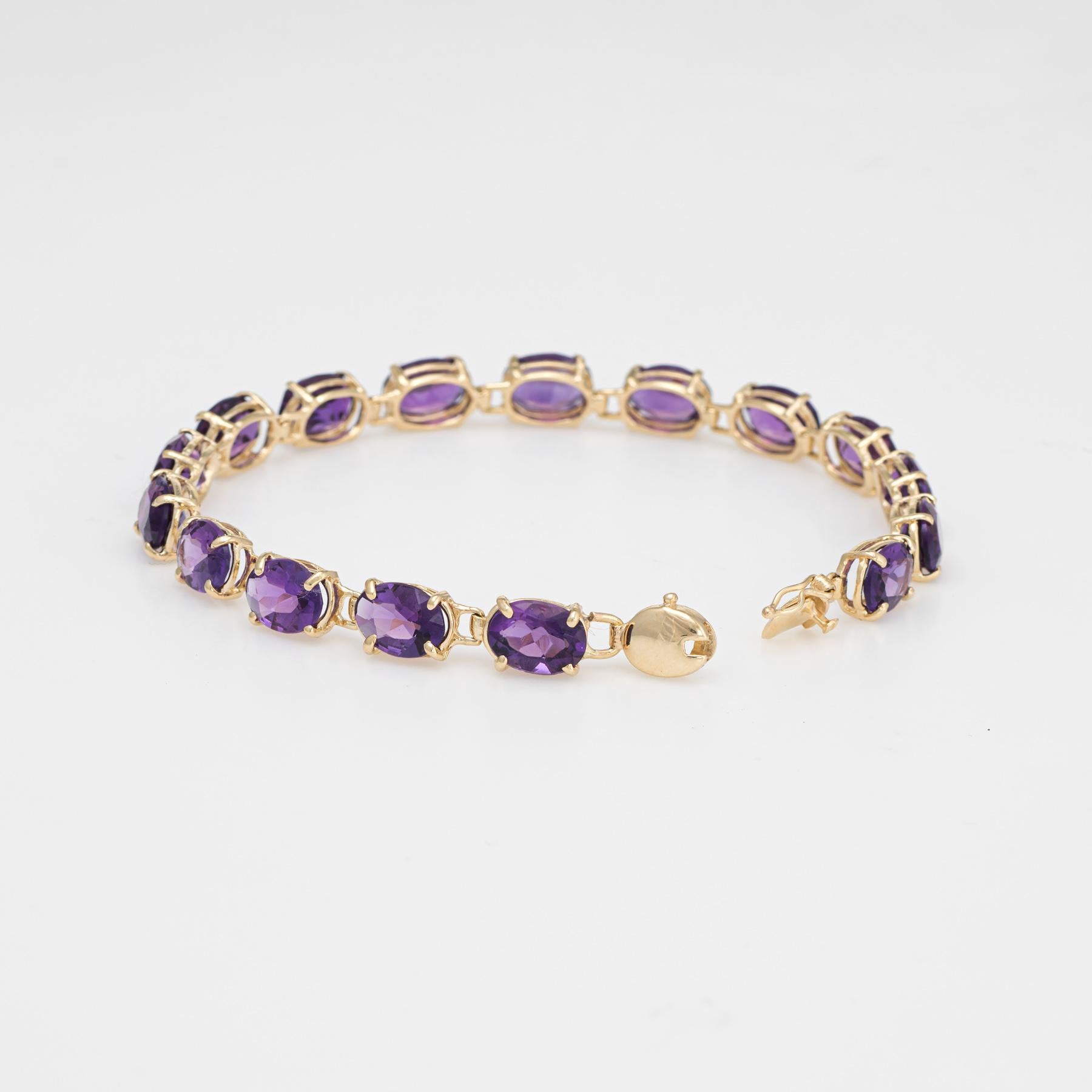 Stylish and finely detailed estate amethyst tennis bracelet crafted in 14 karat yellow gold. 

The amethysts measure 8mm x 6mm (estimated at 1 carat each) total an estimated 16 carats. The amethysts are in excellent condition and free of cracks or