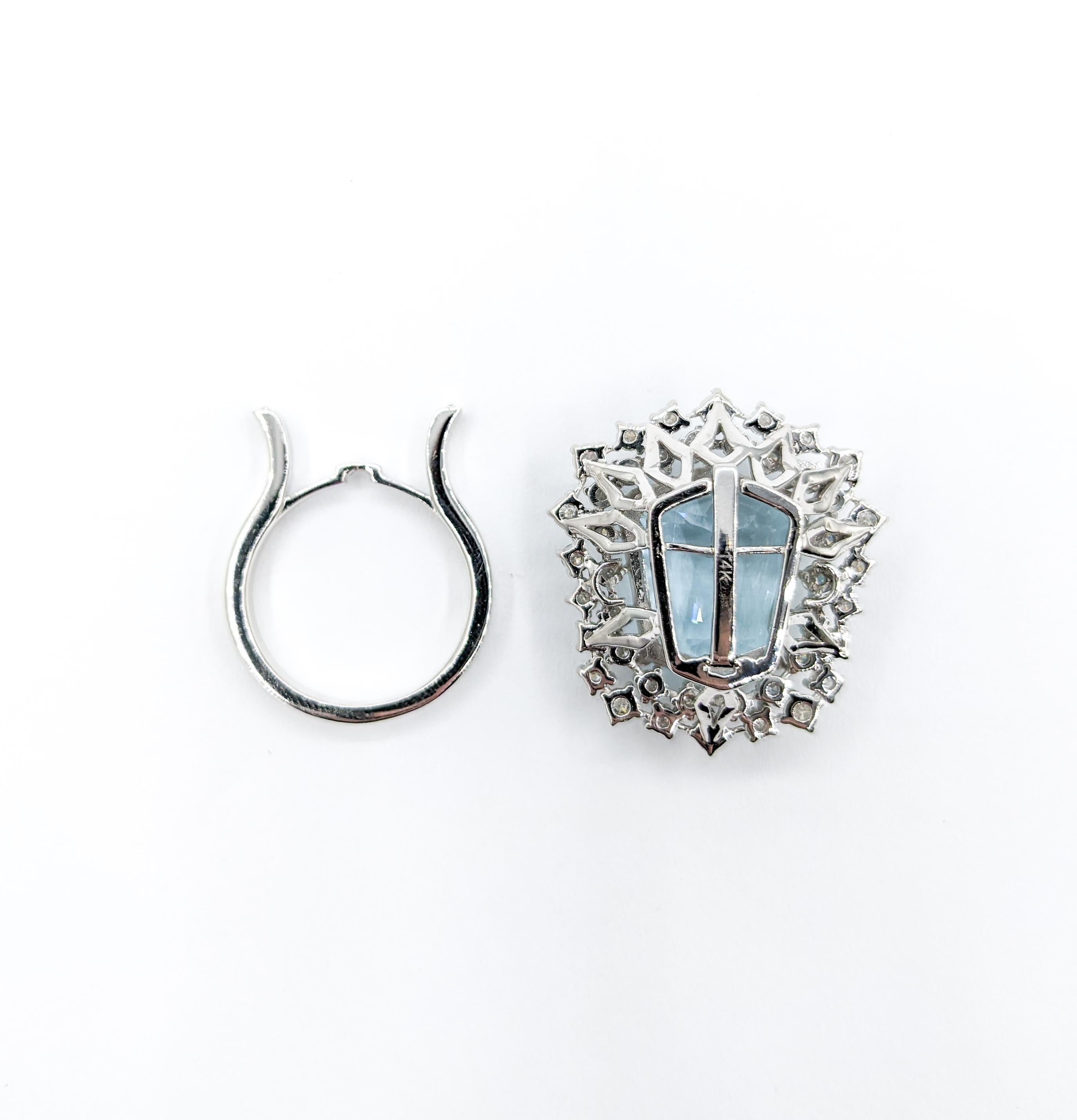 Shield Cut 16ct Aquamarine & Diamond Convertible Ring Pendant For Sale