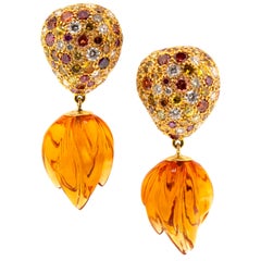16 Carat Carved Citrine and 3.50ct Colored Diamond 18kt Earrings by Dan Peligrad