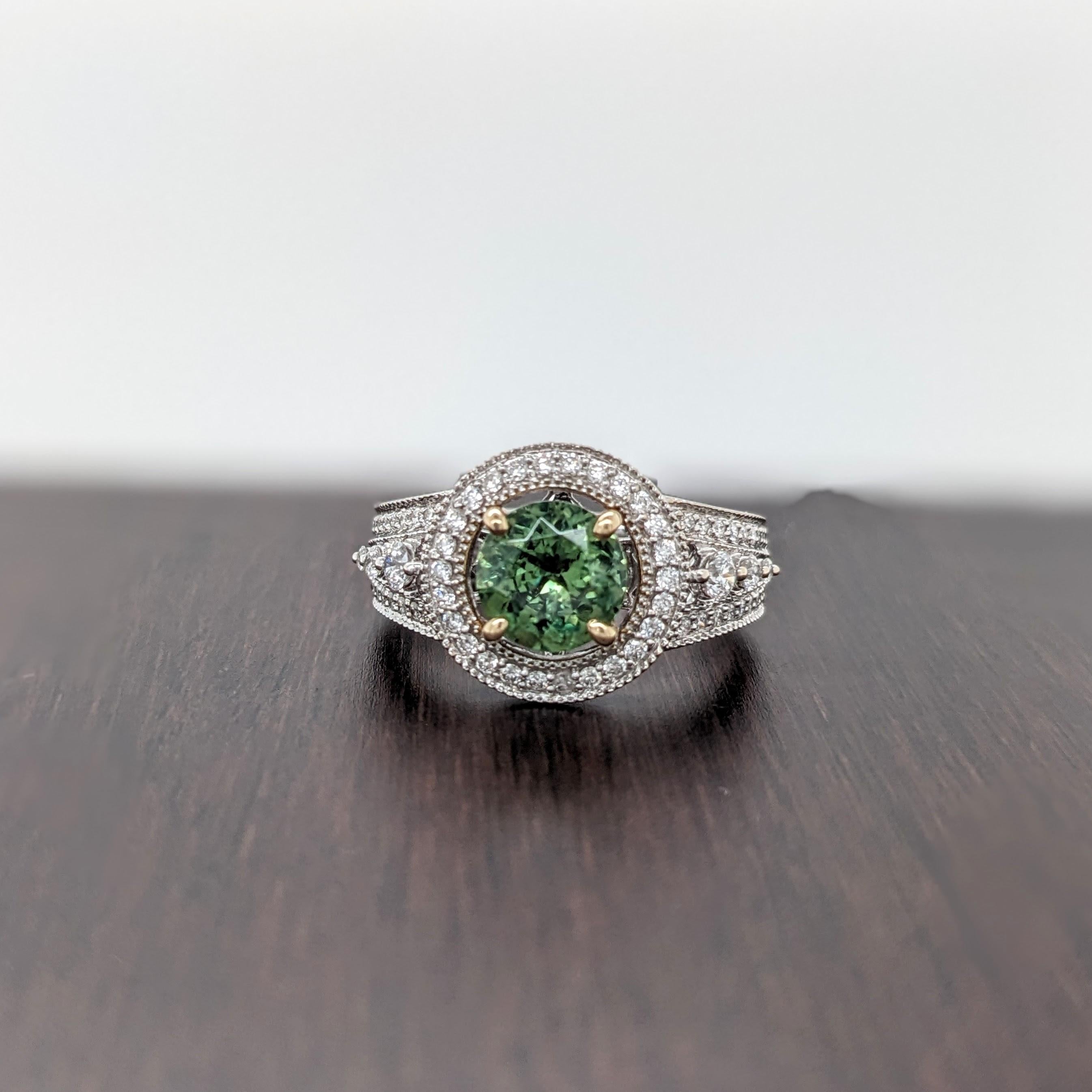 Round Cut 1.6ct Demantoid Ring w Earth Mined Diamonds in Solid 14K Dual Tone Gold