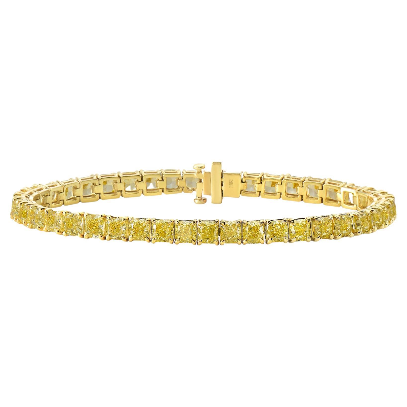 Bracelet tennis de 16 carats avec diamants jaunes intenses taille coussin fantaisie en vente