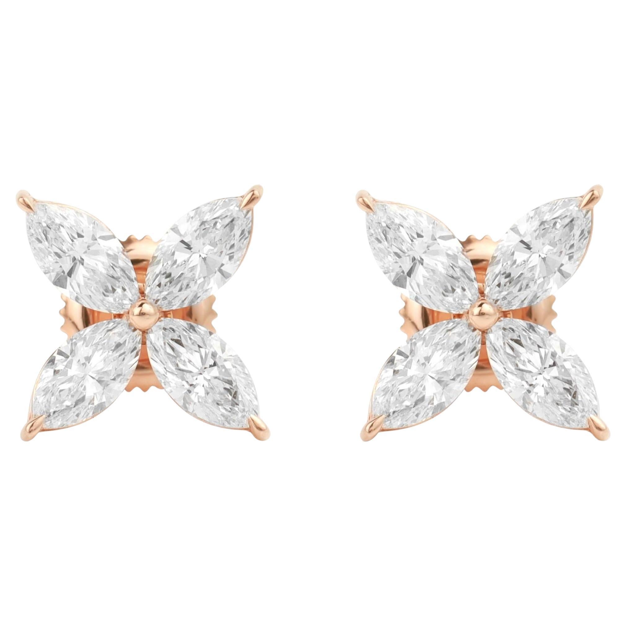 1.6ct Marquise-Cut Diamond Stud Earrings in 18K Rose Gold — VVS E Color For Sale