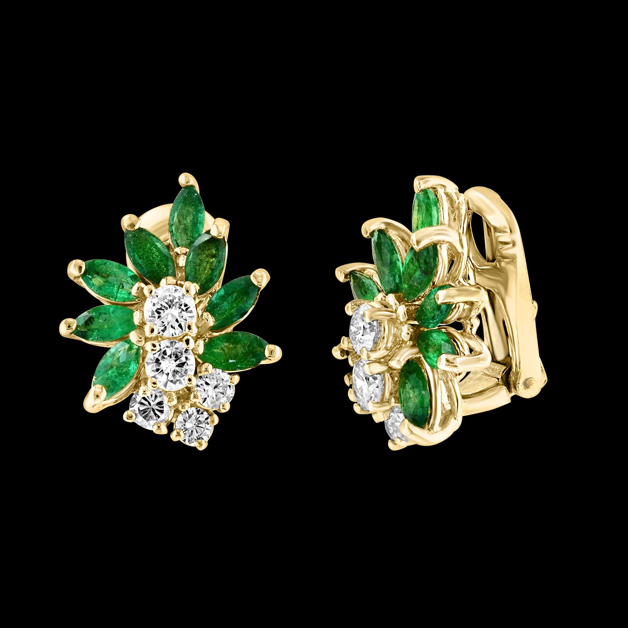 Taille Marquise 1.6Ct Nature Brazilin Marquise Emerald & 1.0 Ct Diamond Clip on Earring 18 KYG en vente