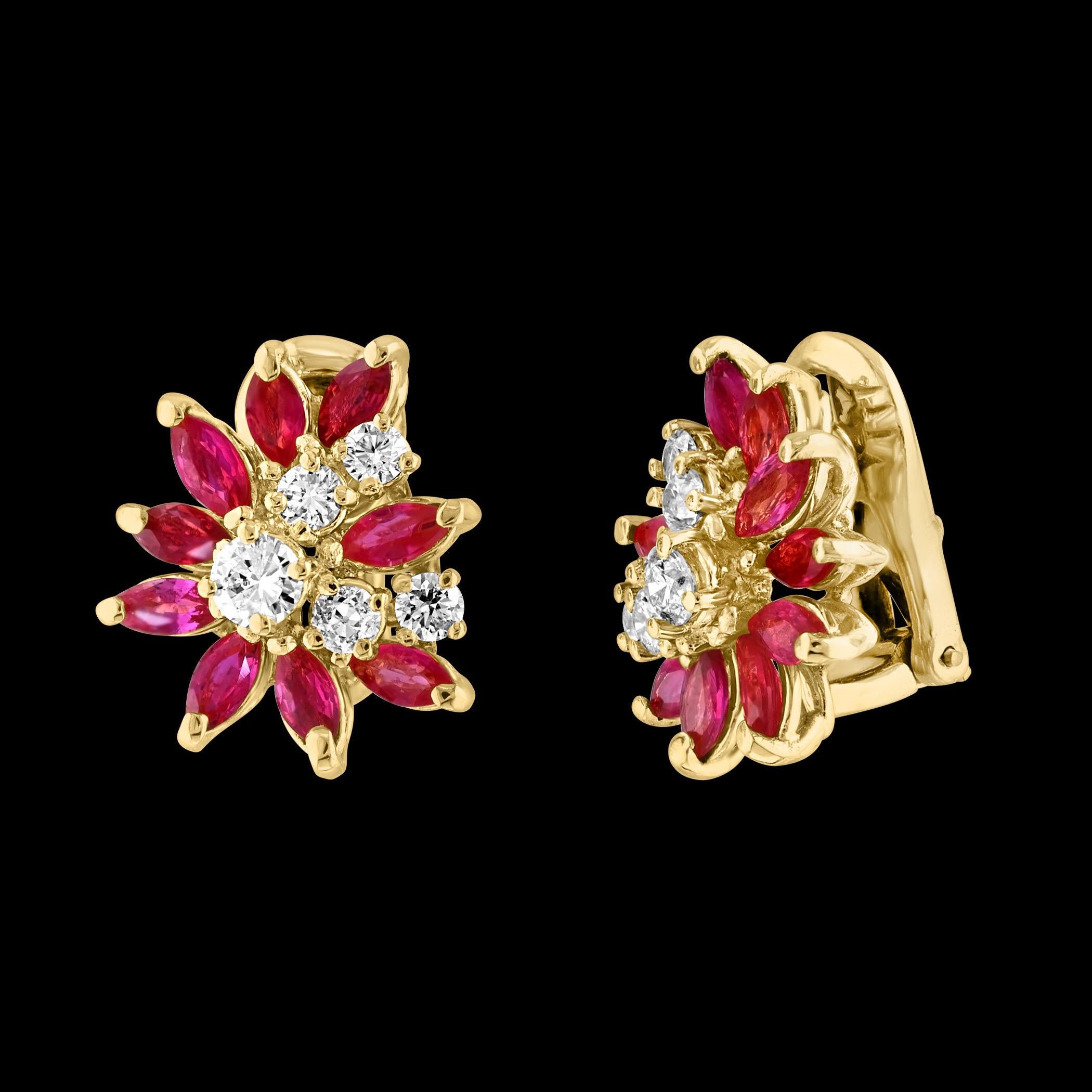 1.6Ct Natural  Marquise Ruby& .80 Ct Diamond Clip on Earring 18 KYG
 
This exquisite pair of earrings are beautifully crafted in 18 Karat Yellow gold
Weight of 18 Karat gold is 10 Grams with Rubies
8 Extreme fine Marquise shape Rubies in each