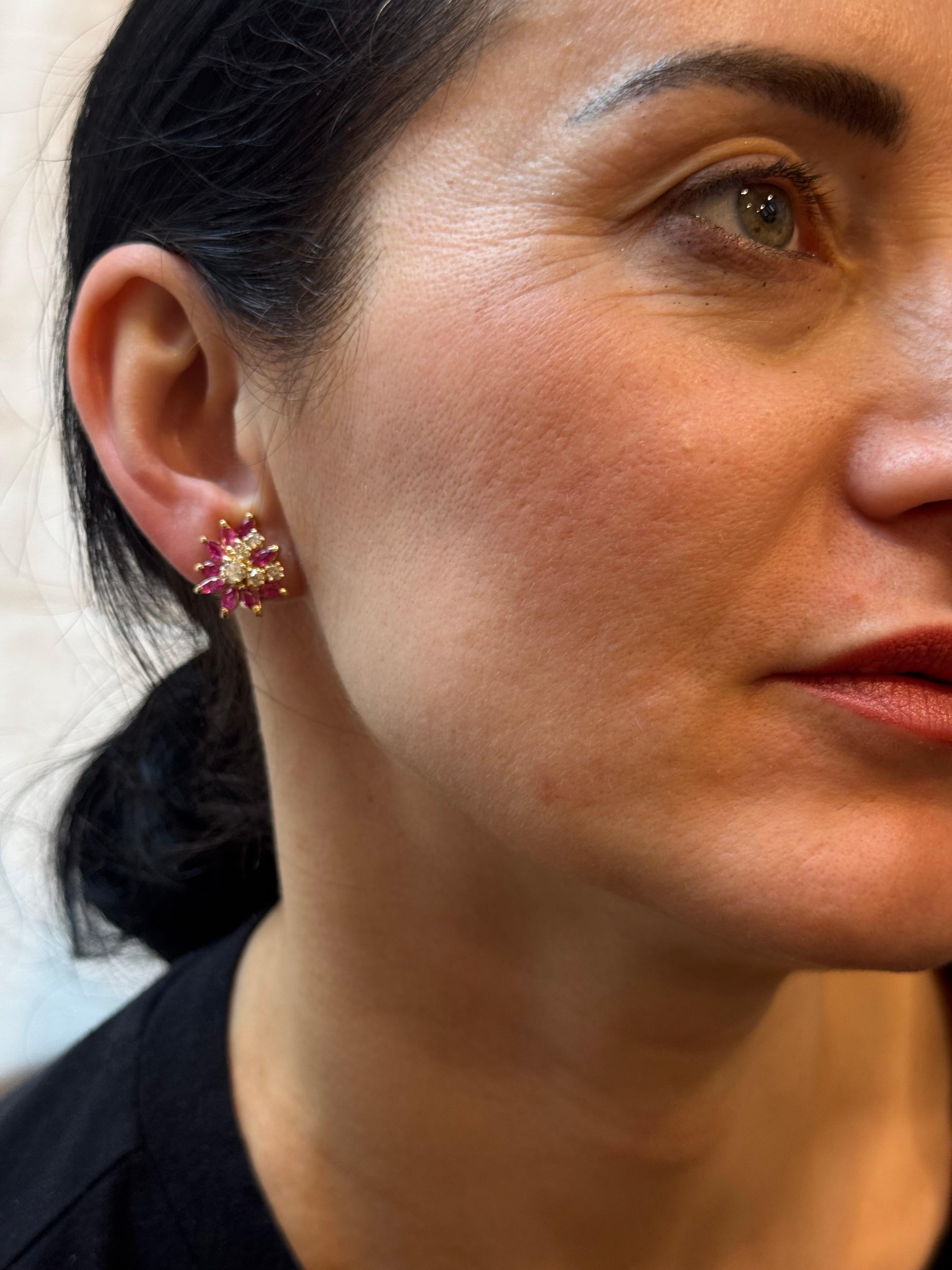 Marquise Cut 1.6Ct Natural  Marquise Ruby& .80 Ct Diamond Clip on Earring 18 KYG For Sale