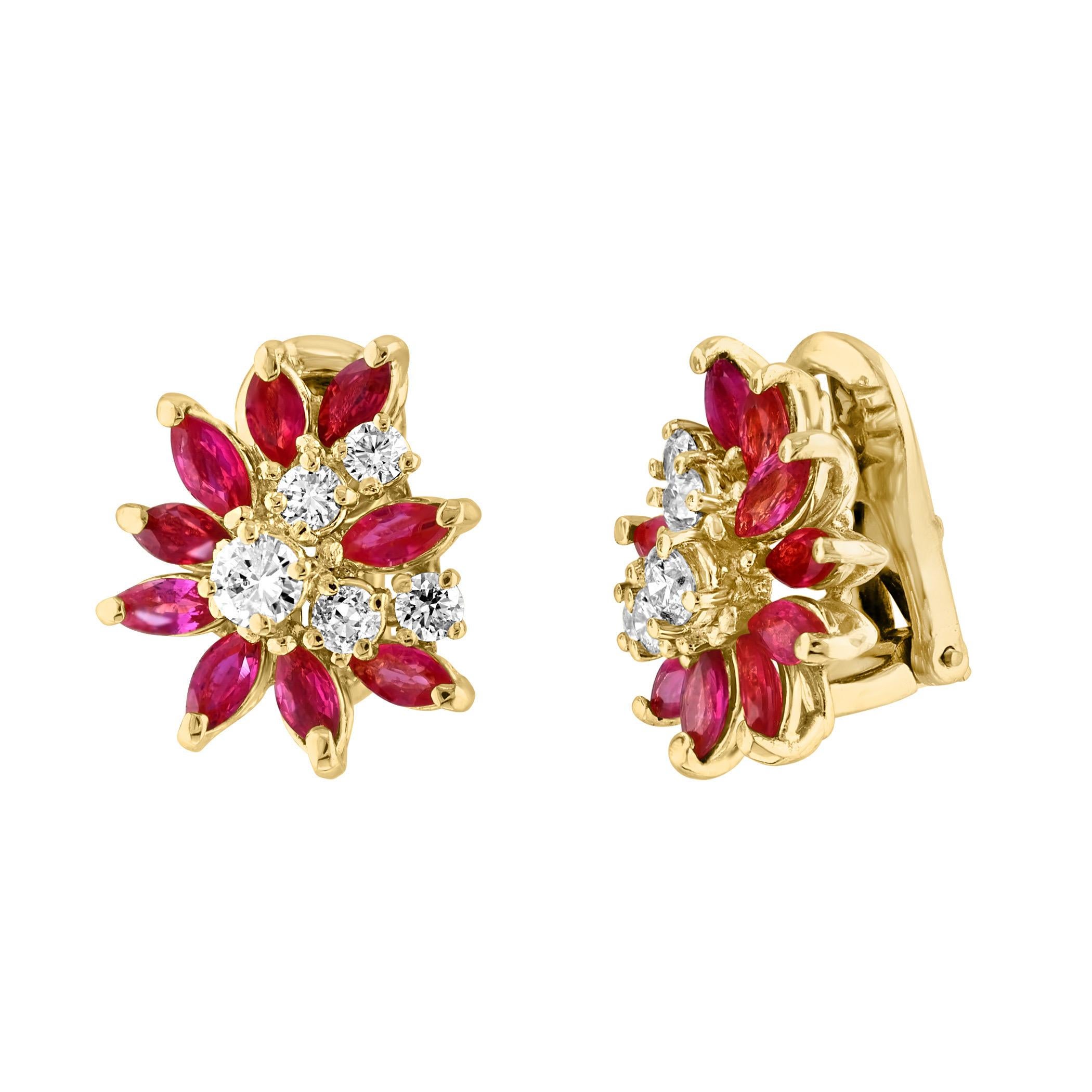 1.6Ct Natural  Marquise Ruby& .80 Ct Diamond Clip on Earring 18 KYG