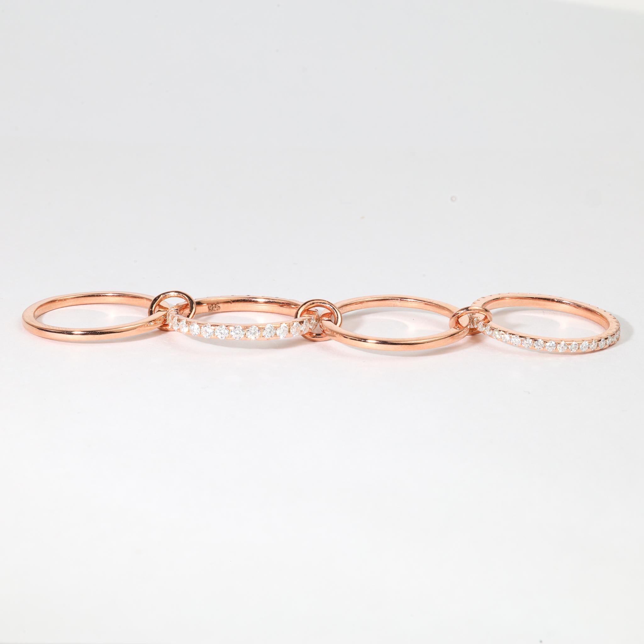 Art Deco 1.6ct Natural Round Diamond Multi-Link Connected Stacking Ring in 18K Rose Gold For Sale