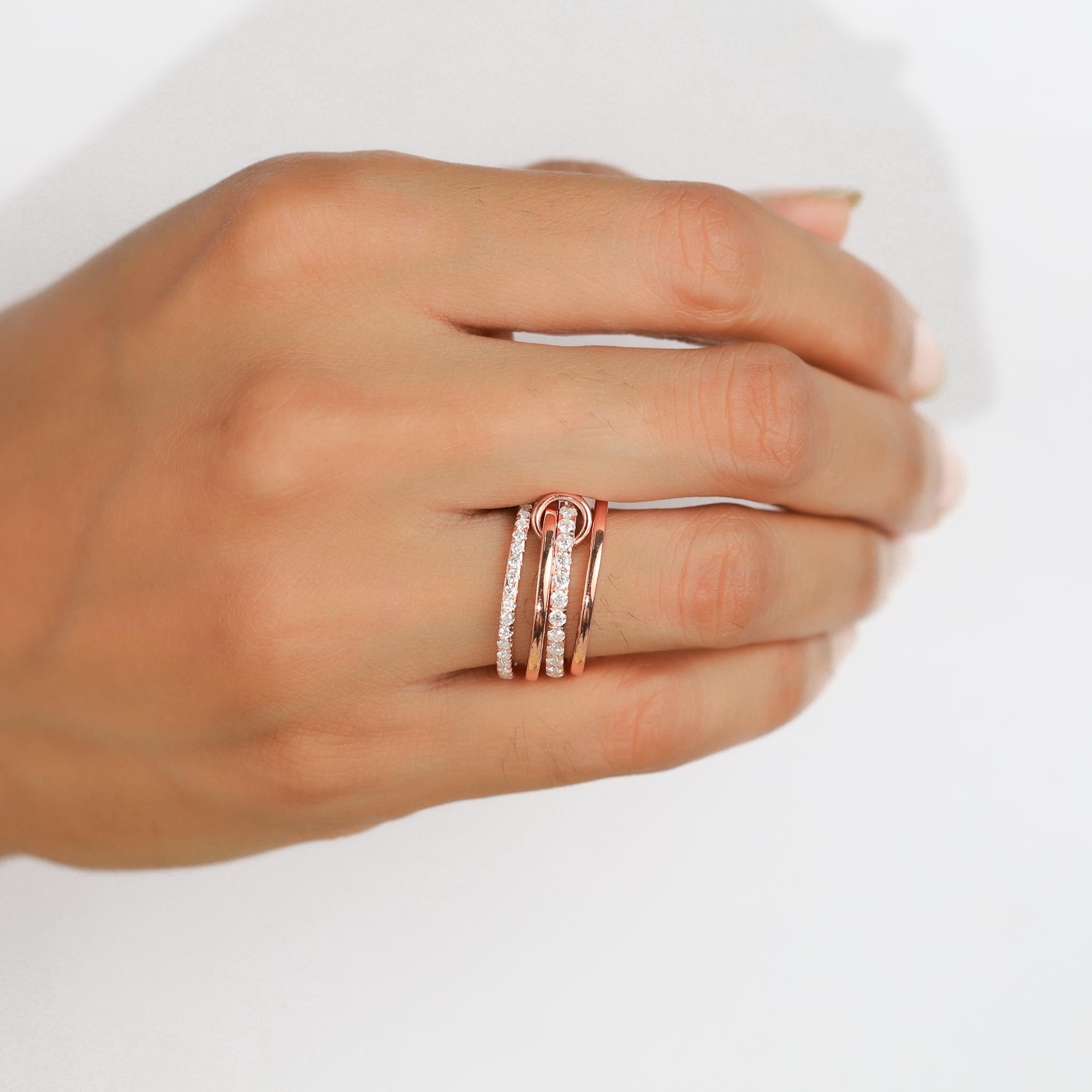 1.6ct Natural Round Diamond Multi-Link Connected Stacking Ring in 18K Rose Gold In New Condition For Sale In Jaipur, RJ