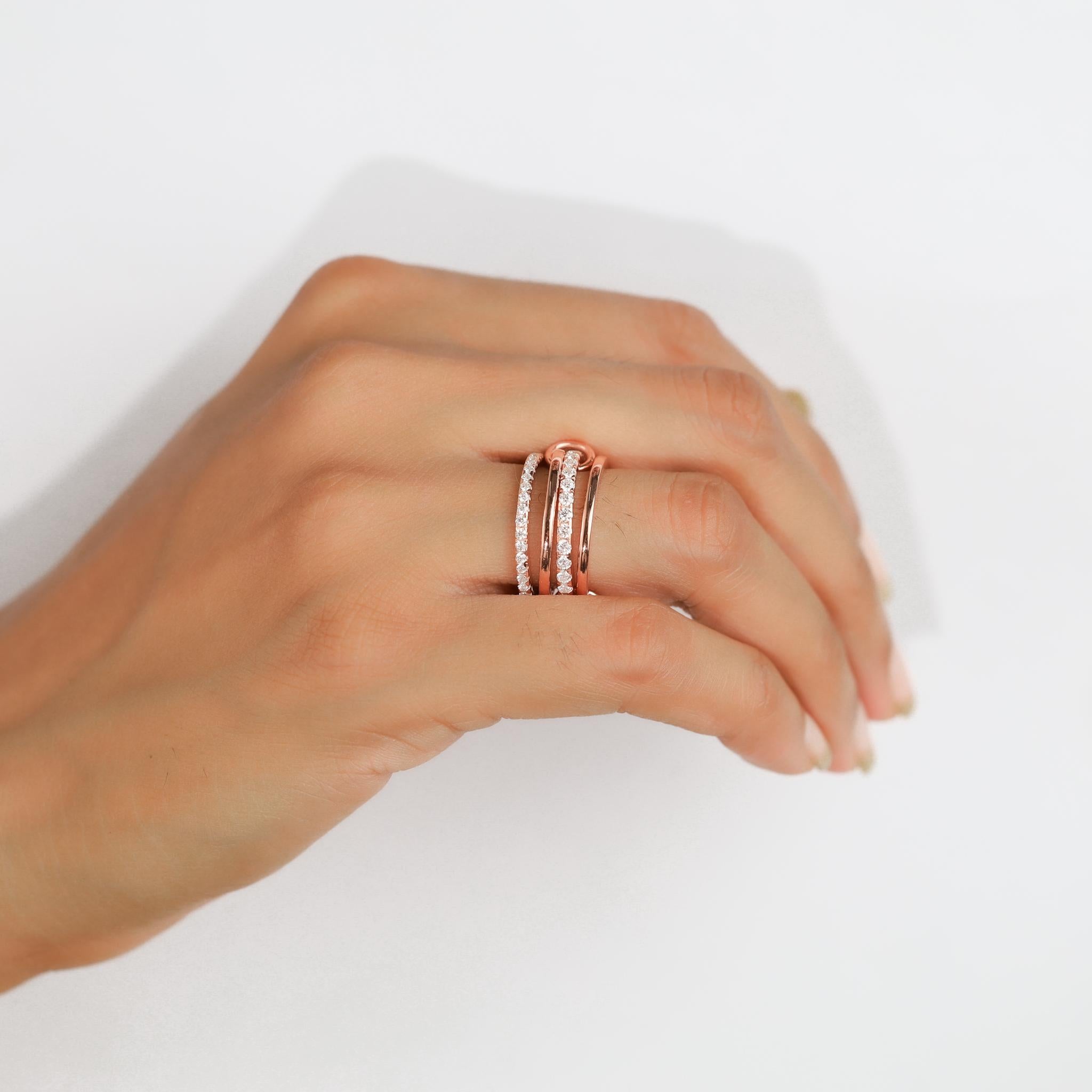 Women's 1.6ct Natural Round Diamond Multi-Link Connected Stacking Ring in 18K Rose Gold For Sale