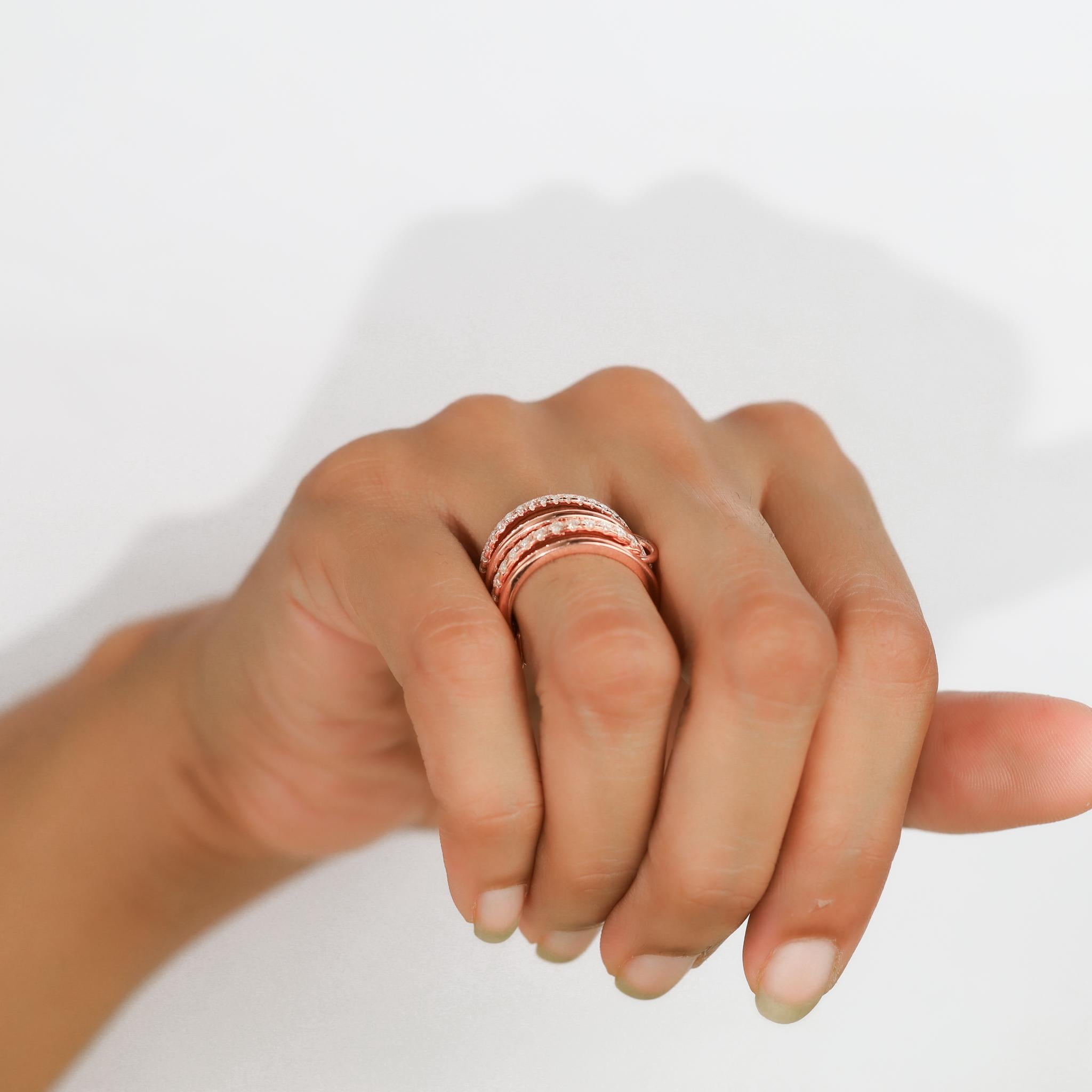 1.6ct Natural Round Diamond Multi-Link Connected Stacking Ring in 18K Rose Gold For Sale 2