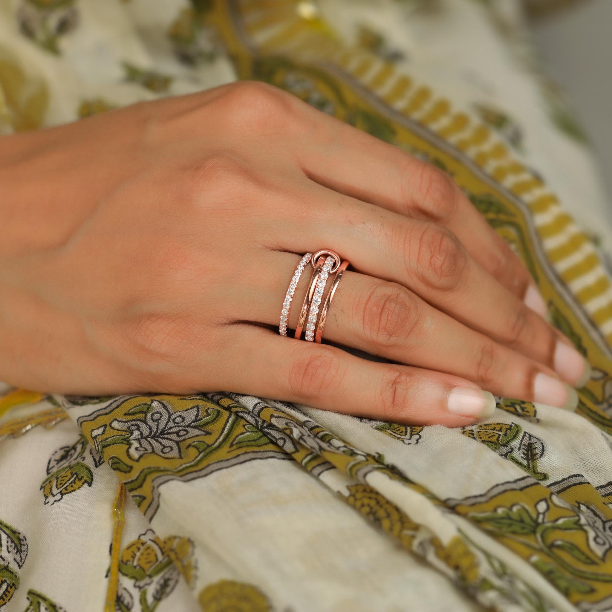 1.6ct Natural Round Diamond Multi-Link Connected Stacking Ring in 18K Rose Gold For Sale 3