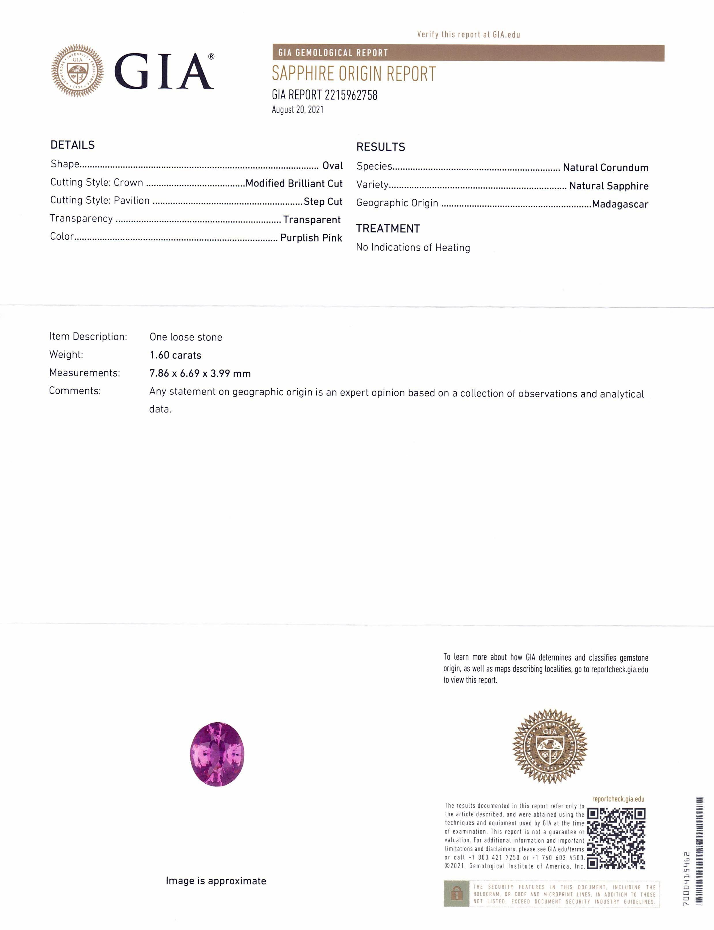 Women's or Men's 1.6ct Oval Purplish Pink Sapphire GIA Certified Madagascar Unheated For Sale