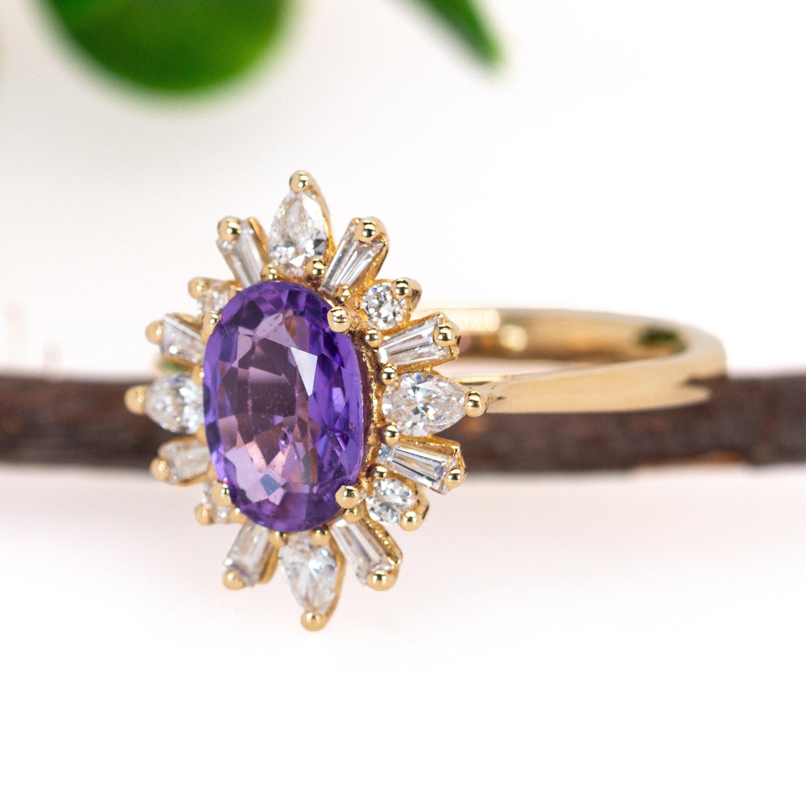 Modern 1.6ct Purple Sapphire Ring w Earth Mined Diamonds in Solid 14K Gold Oval 8x6mm For Sale