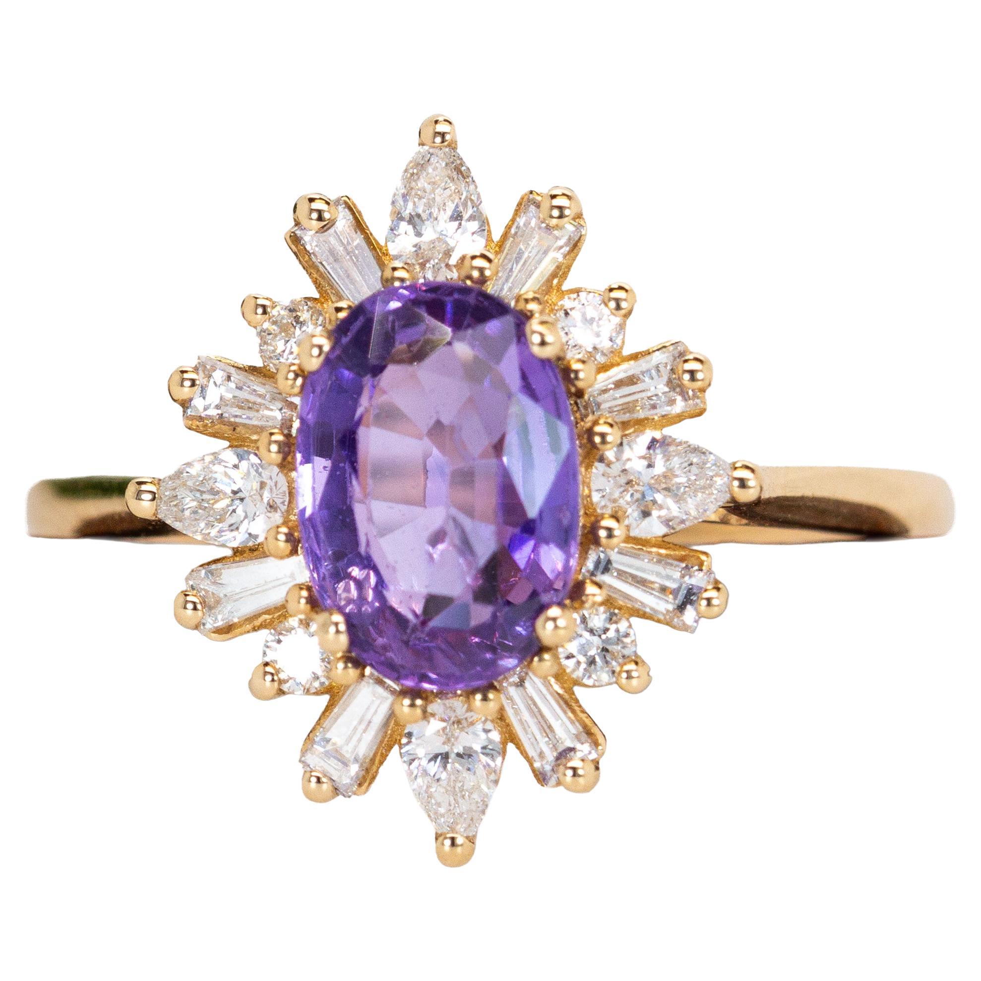 1.6ct Purple Sapphire Ring w Earth Mined Diamonds in Solid 14K Gold Oval 8x6mm