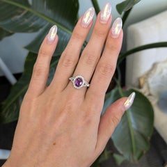 1.6Ct Purple Sapphire Ring with Natural Diamond Halo: Solid 14K Gold, Oval 8x6mm
