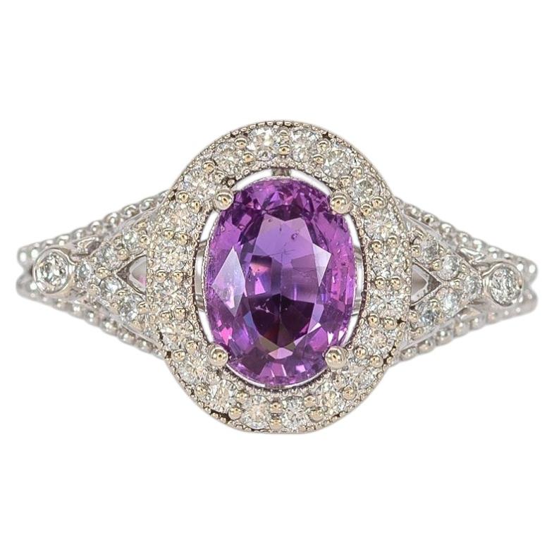 1.6Ct Purple Sapphire Ring with Natural Diamond Halo: Solid 14K Gold, Oval 8x6mm