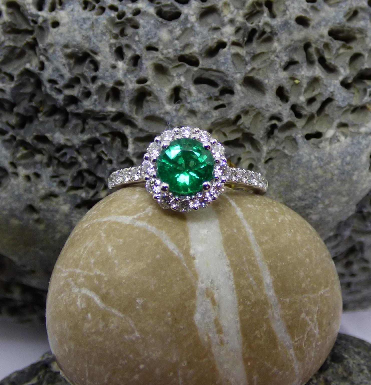 Round Cut 1.6ct. Round Emerald and Diamond Cluster Ring in Platinum For Sale