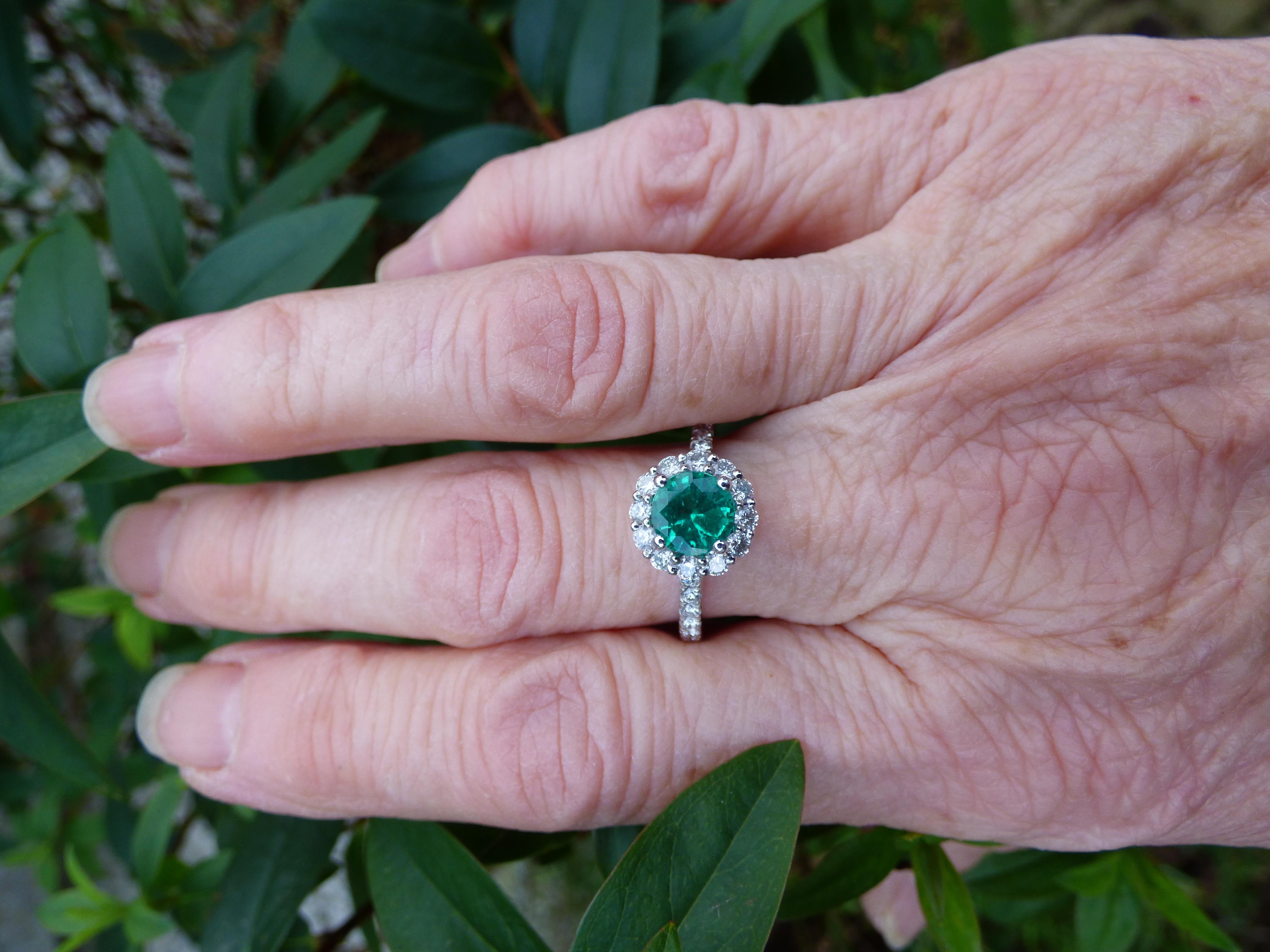 1.6ct. Round Emerald and Diamond Cluster Ring in Platinum For Sale 1