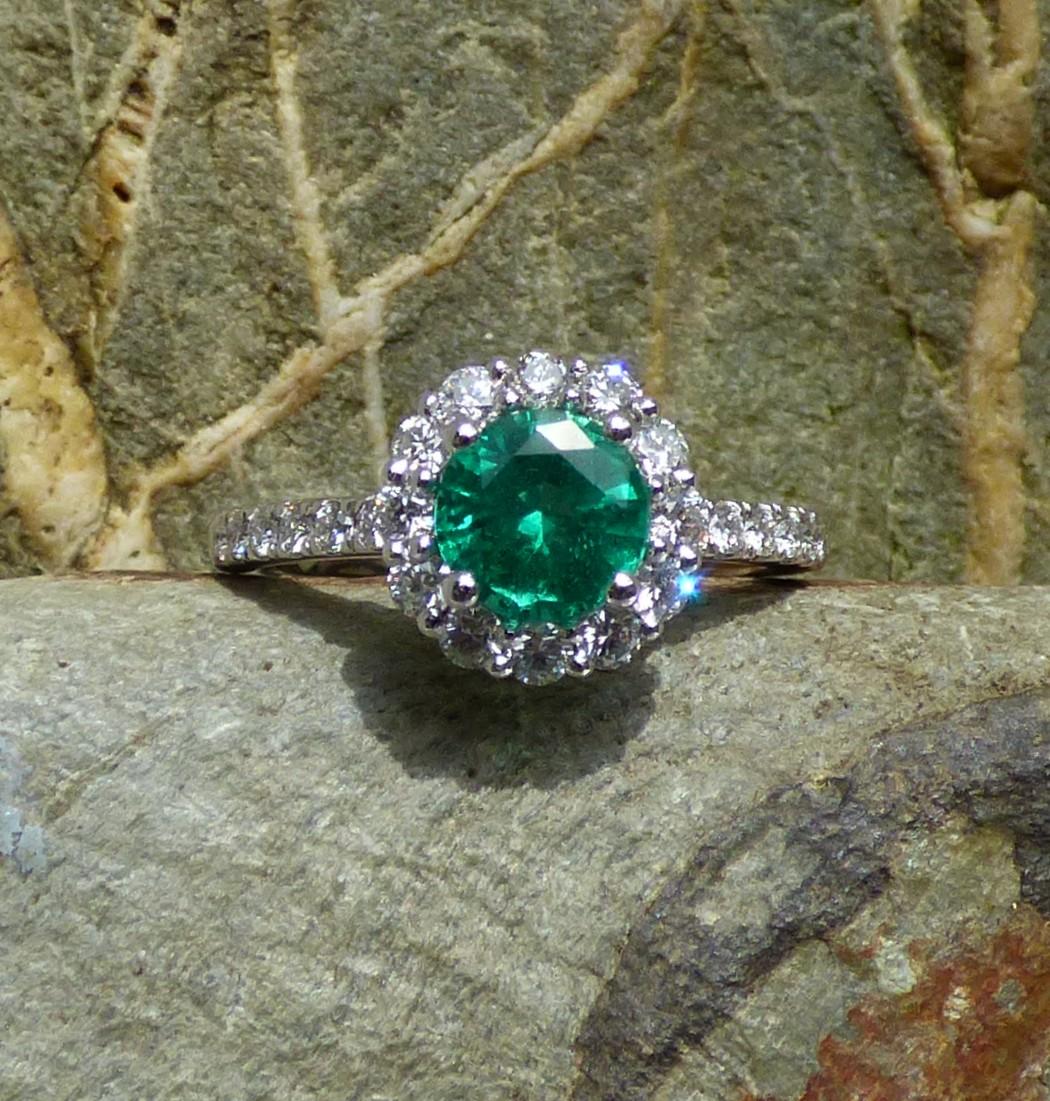 1.6ct. Round Emerald and Diamond Cluster Ring in Platinum For Sale 3