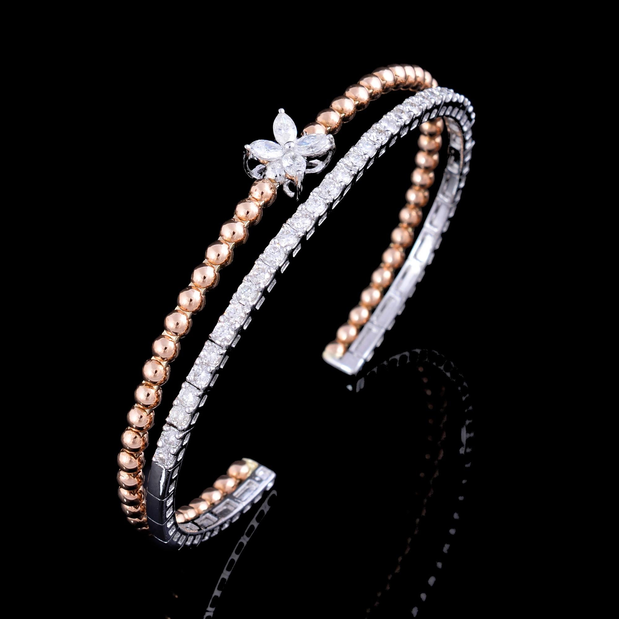 Marquise Cut 1.6Ct. SI/HI Marquise Diamond Star Cuff Bangle Bracelet 18 Karat Rose White Gold For Sale