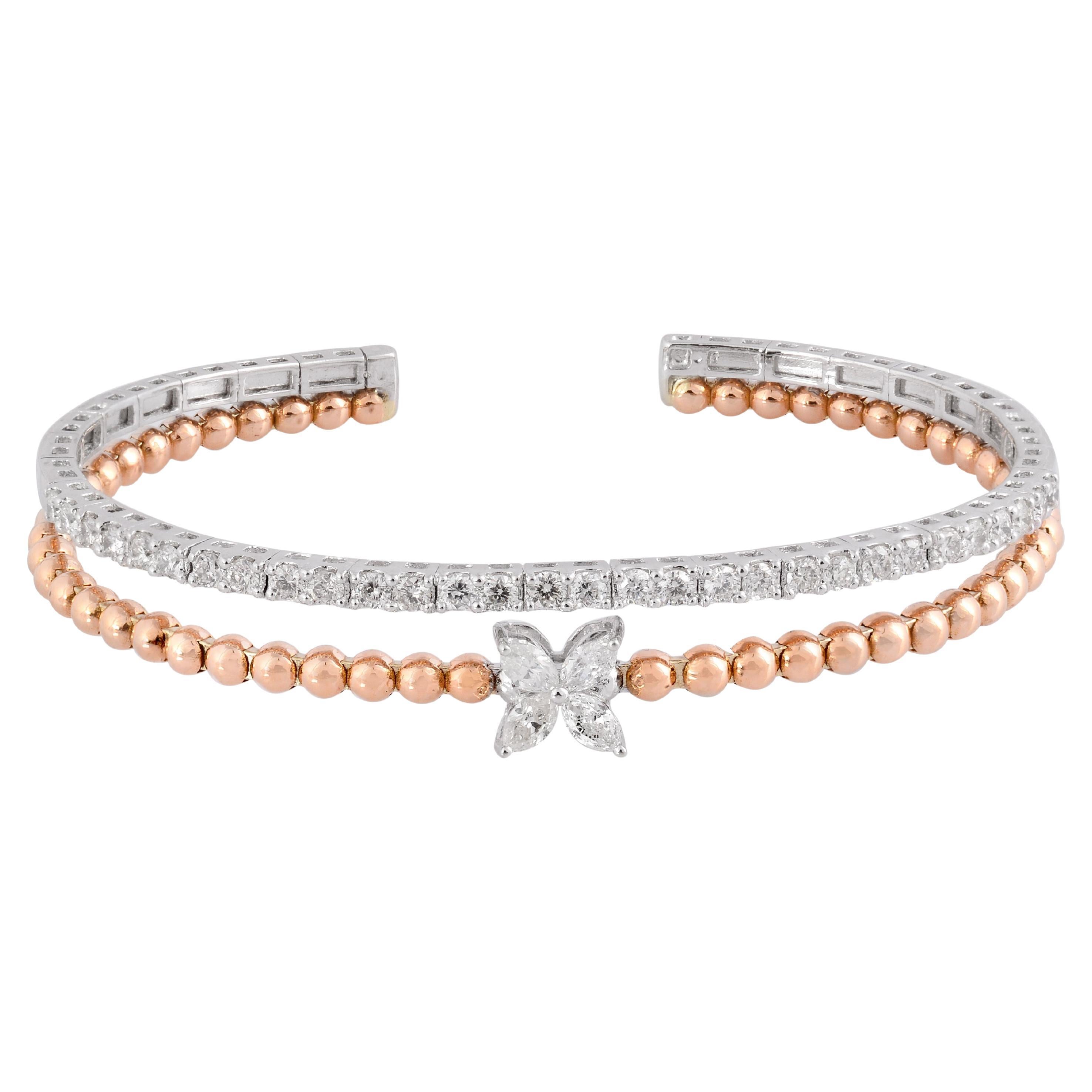 1.6Ct. SI/HI Marquise Diamond Star Cuff Bangle Bracelet 18 Karat Rose White Gold For Sale