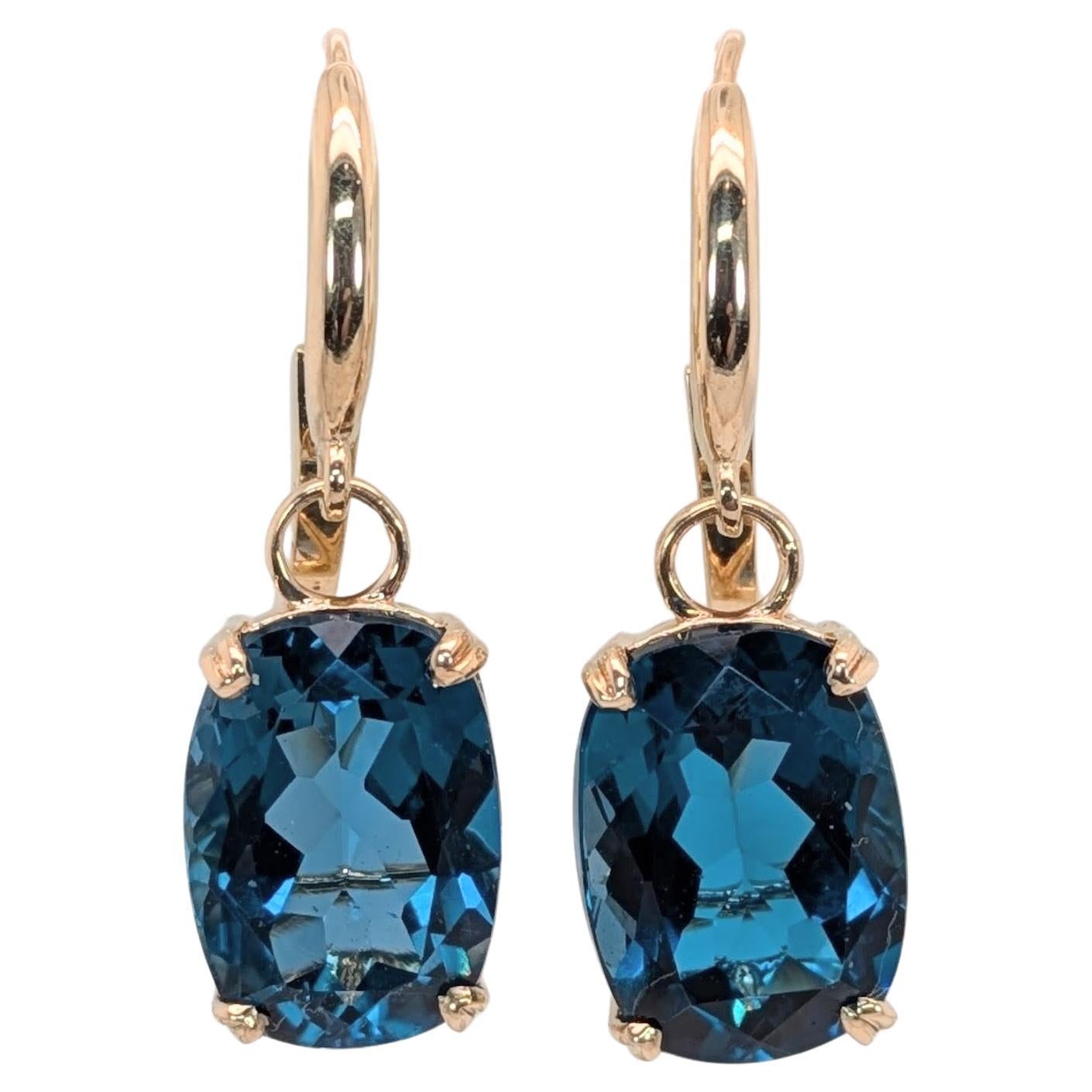 16ct Solitaire London Blue Topaz Earrings in Solid 14K Yellow Gold  OV 14x10mm