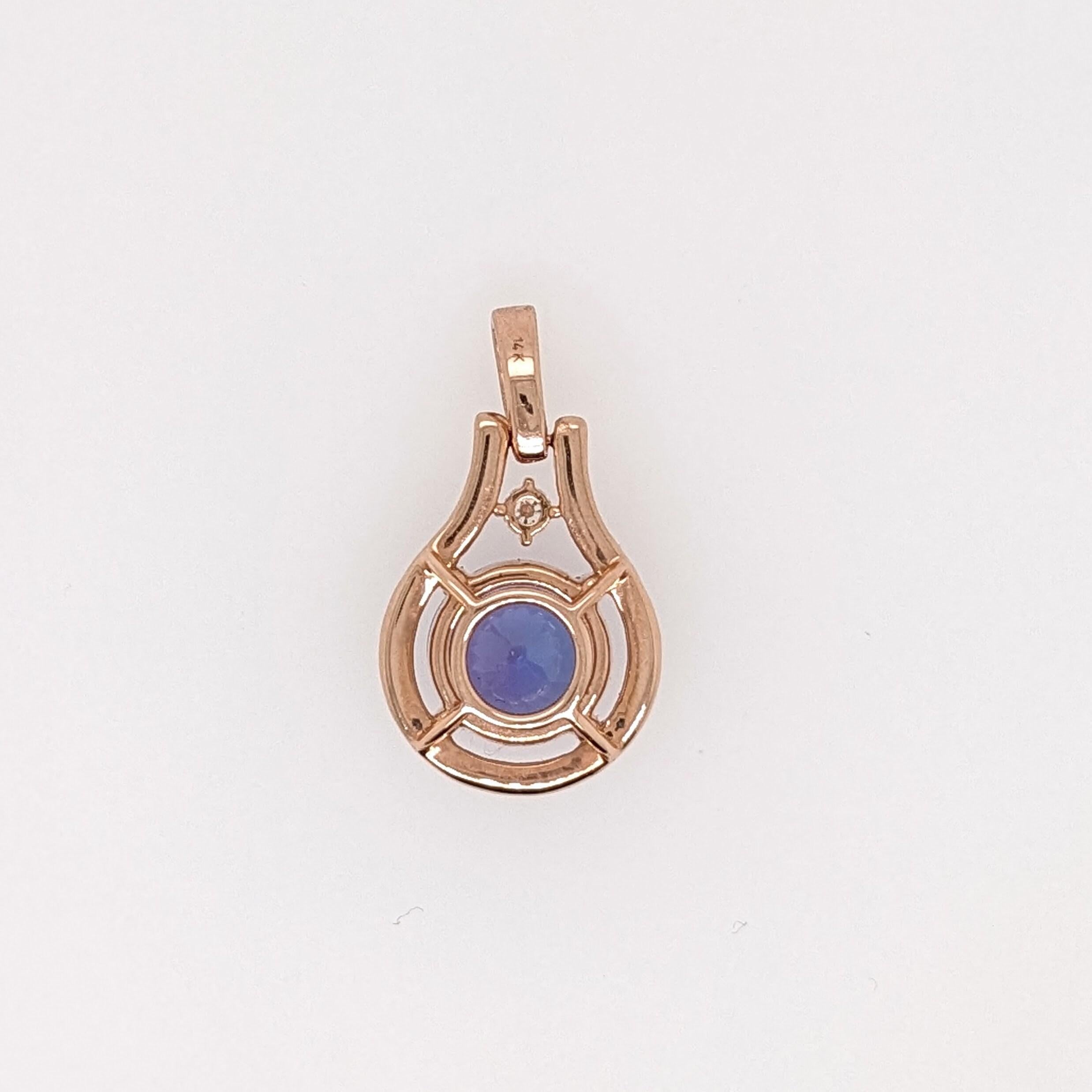 Modern 1.6ct Tanzanite Pendant w Earth Mined Diamonds in Solid 14K Rose Gold Round 8mm For Sale