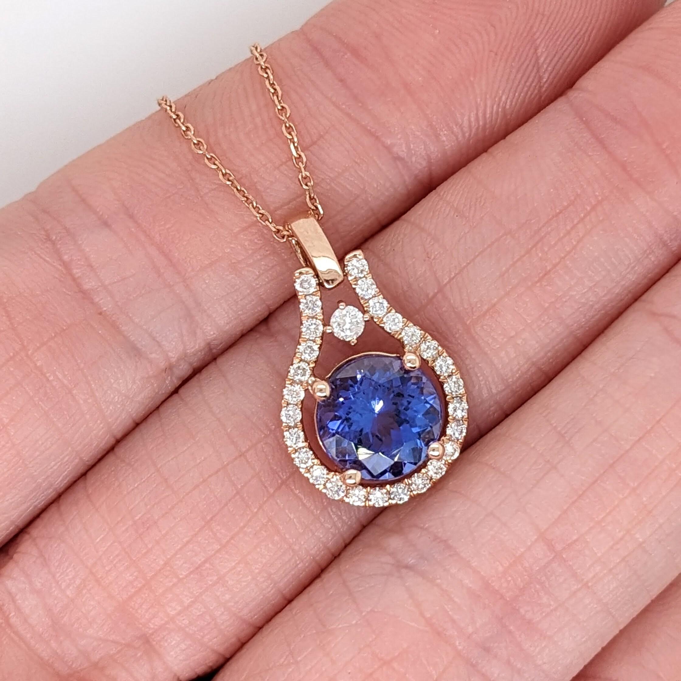 Round Cut 1.6ct Tanzanite Pendant w Earth Mined Diamonds in Solid 14K Rose Gold Round 8mm