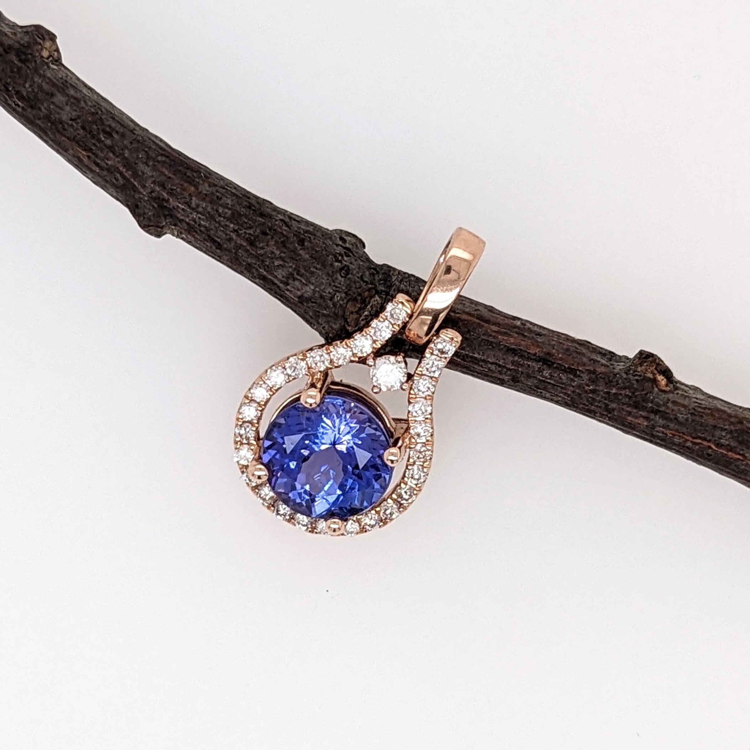 1.6ct Tanzanite Pendant w Earth Mined Diamonds in Solid 14K Rose Gold Round 8mm In New Condition In Columbus, OH
