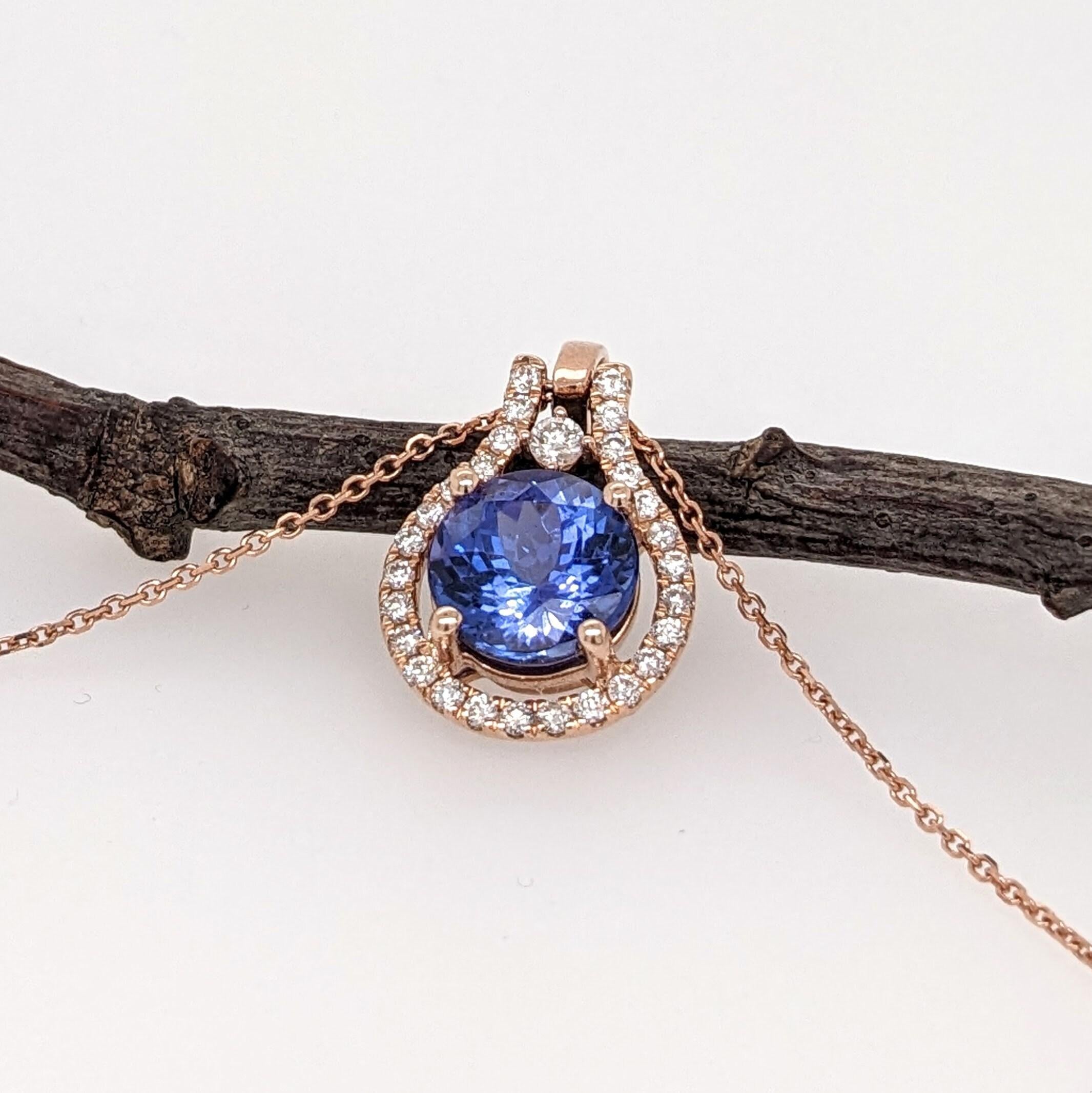 1.6ct Tanzanite Pendant w Earth Mined Diamonds in Solid 14K Rose Gold Round 8mm 1
