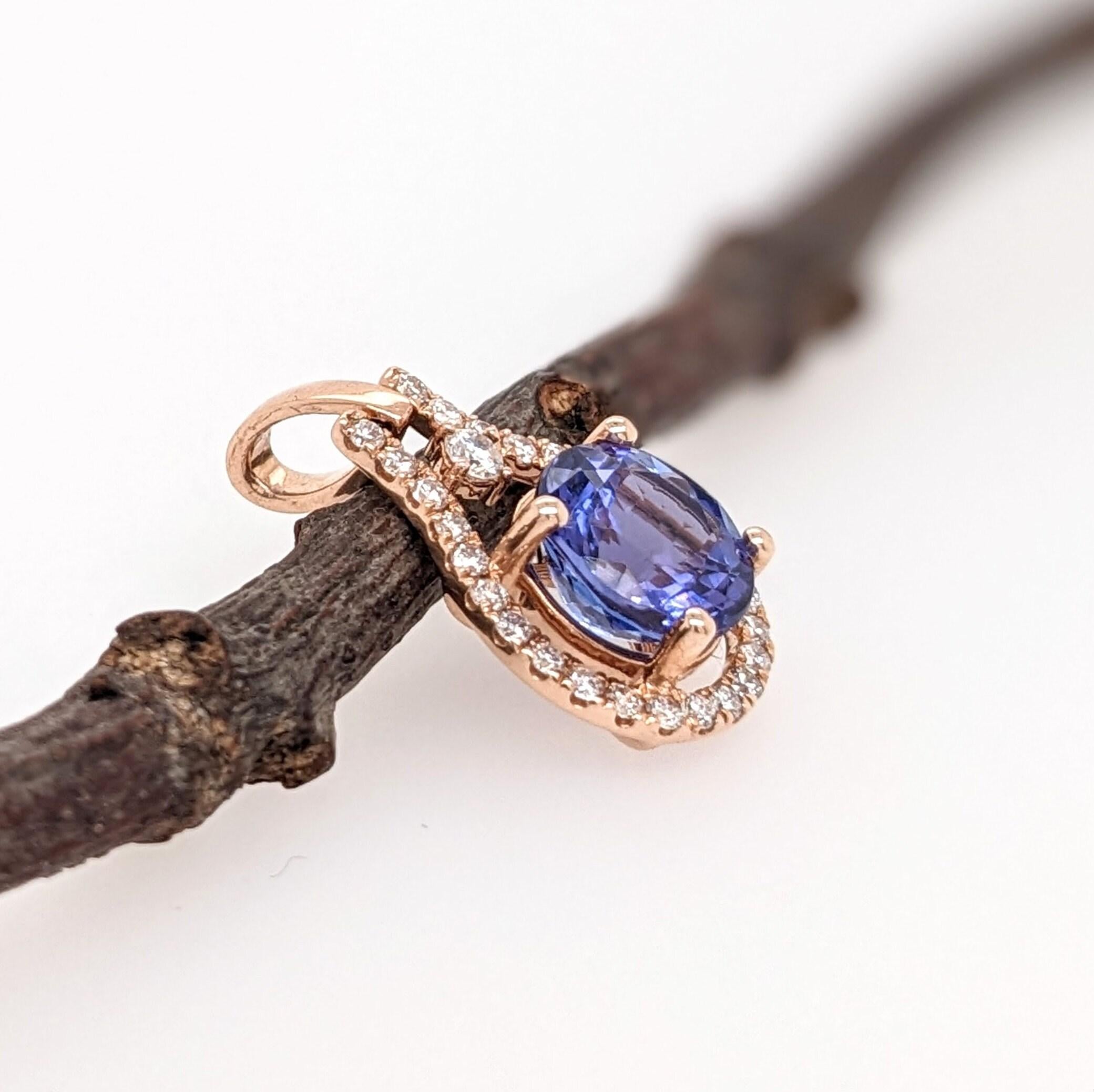 1.6ct Tanzanite Pendant w Earth Mined Diamonds in Solid 14K Rose Gold Round 8mm For Sale 2