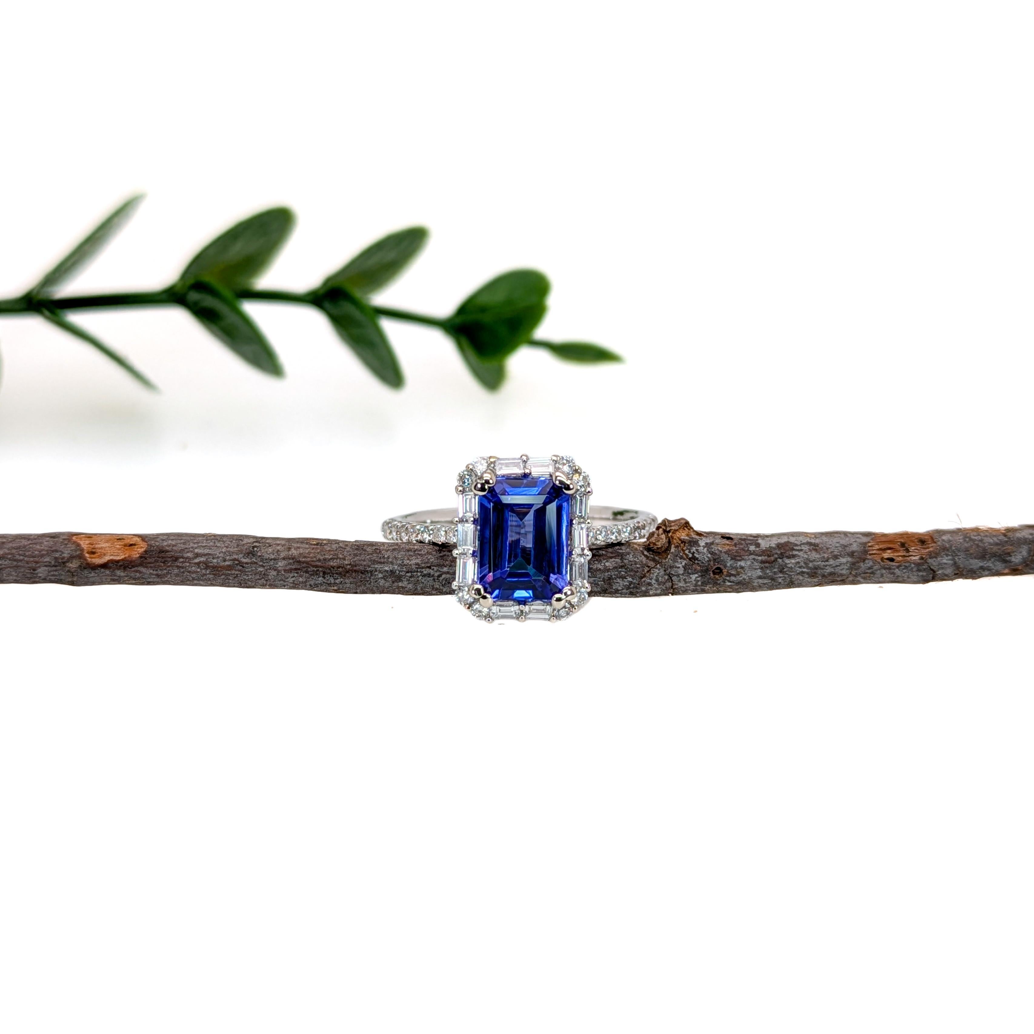 Art Deco 1.6ct Tanzanite Ring w Mixed Diamond Halo in Solid 14K White Gold  EM 8x6mm For Sale