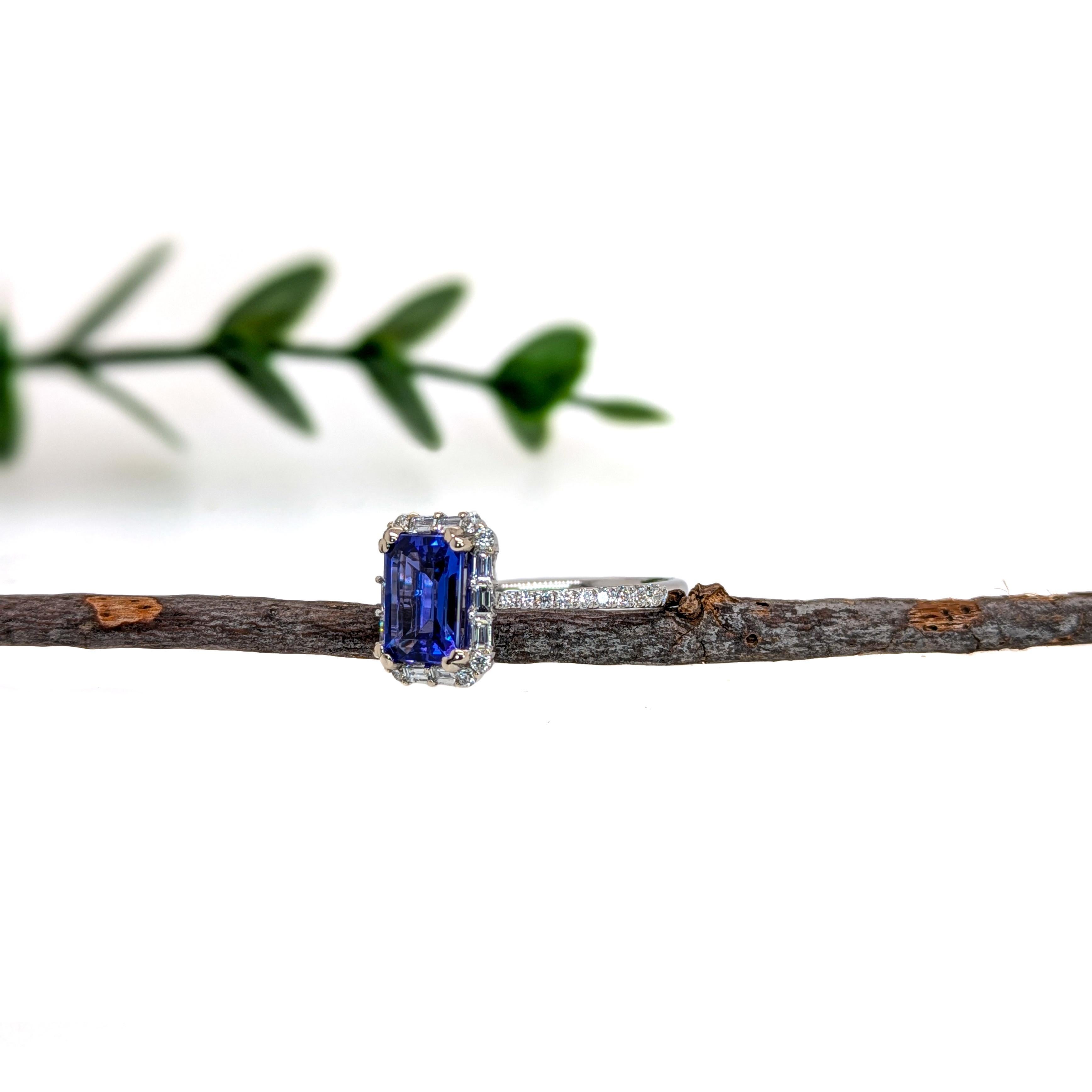 Emerald Cut 1.6ct Tanzanite Ring w Mixed Diamond Halo in Solid 14K White Gold  EM 8x6mm For Sale