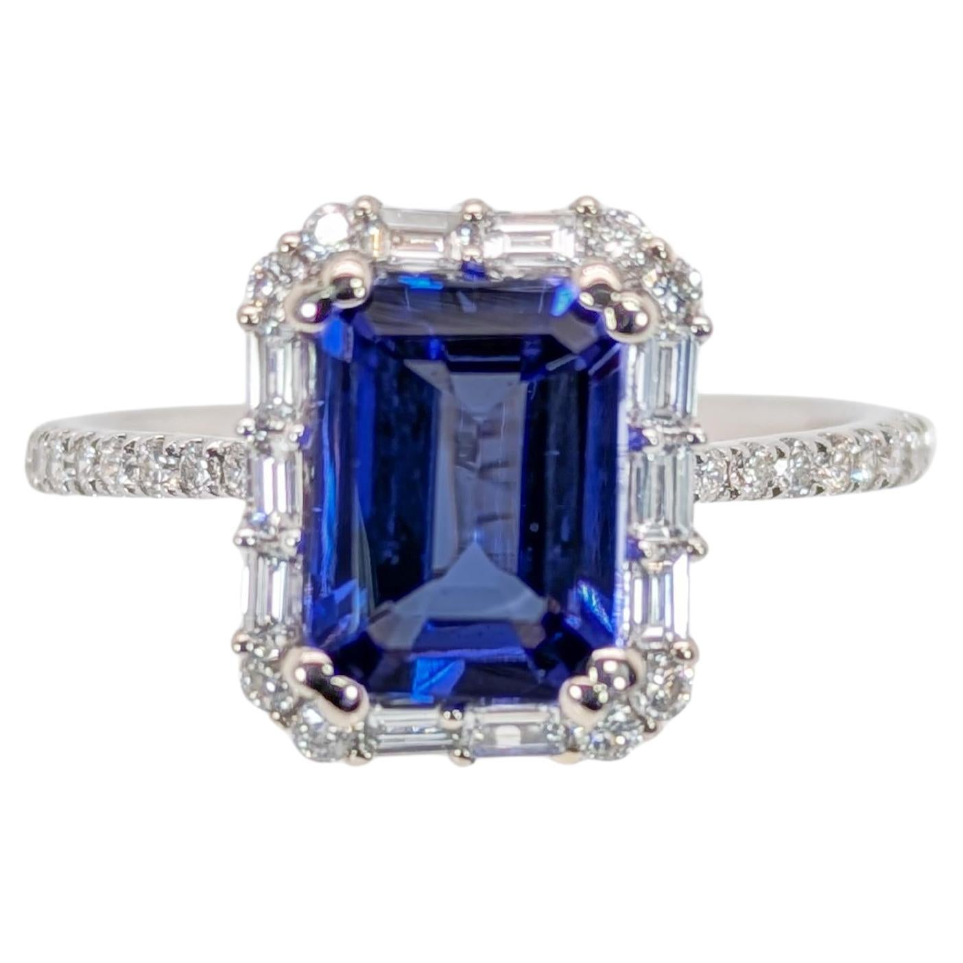 1.6ct Tanzanite Ring w Mixed Diamond Halo in Solid 14K White Gold  EM 8x6mm