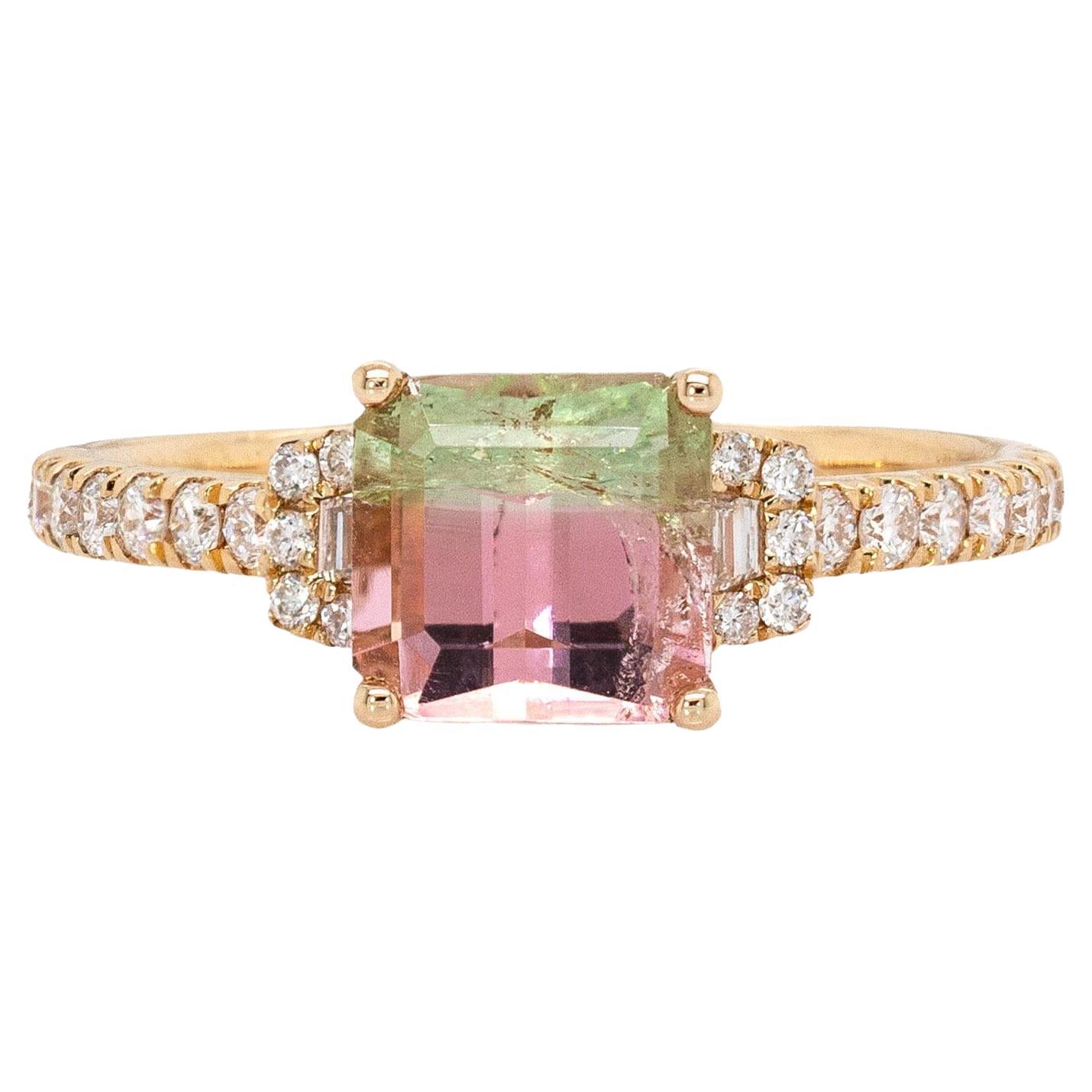 Bague en tourmaline bicolore de 1,6cts avec accents de diamants naturels : Or jaune 14K