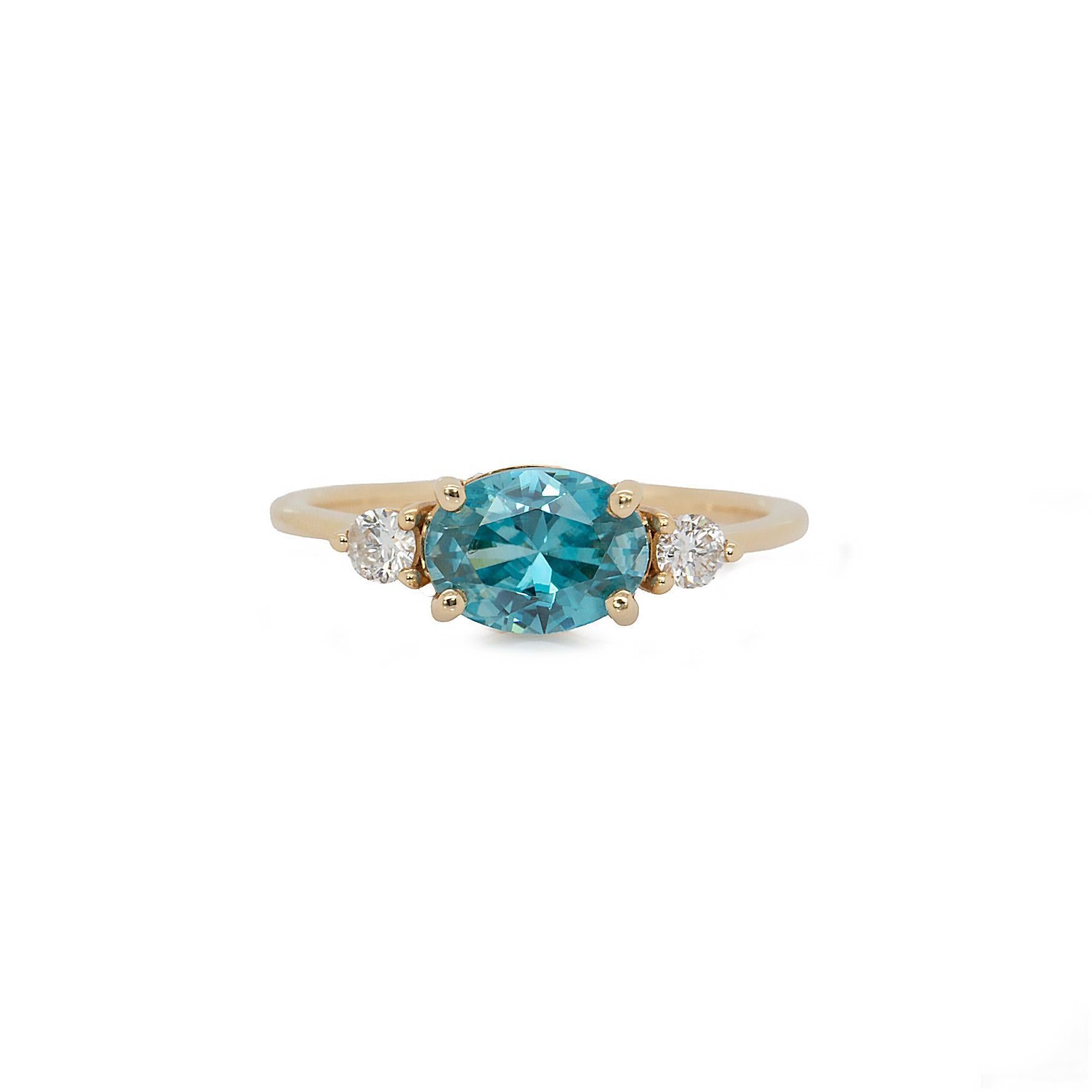 1.6cts Blue Zircon Ring with Natural Diamonds Accents: Solid 14k Gold, 8x6mm