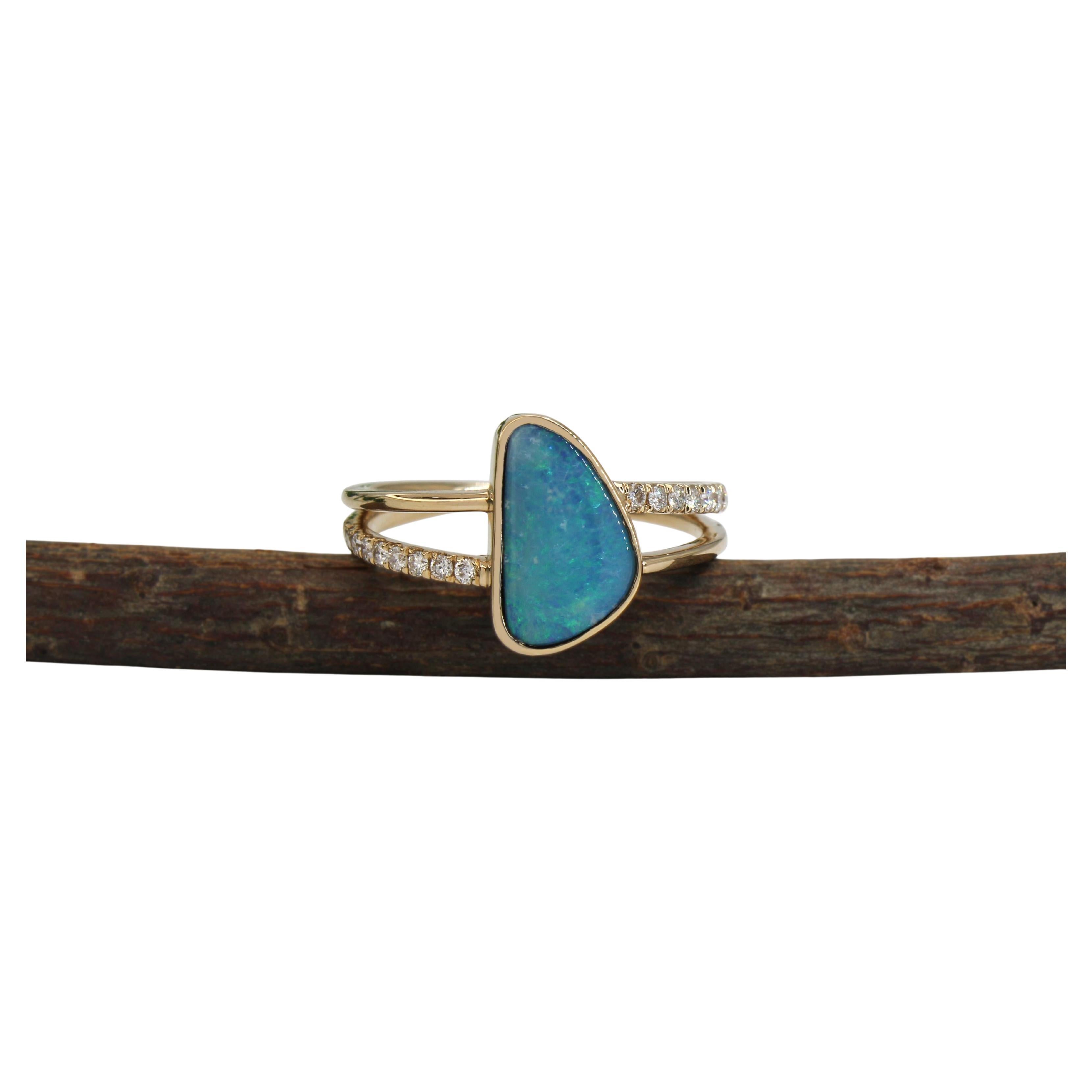 1.6cts Boulder Opal Ring w Natural Diamond Accents and Split Shank in 14K Gold