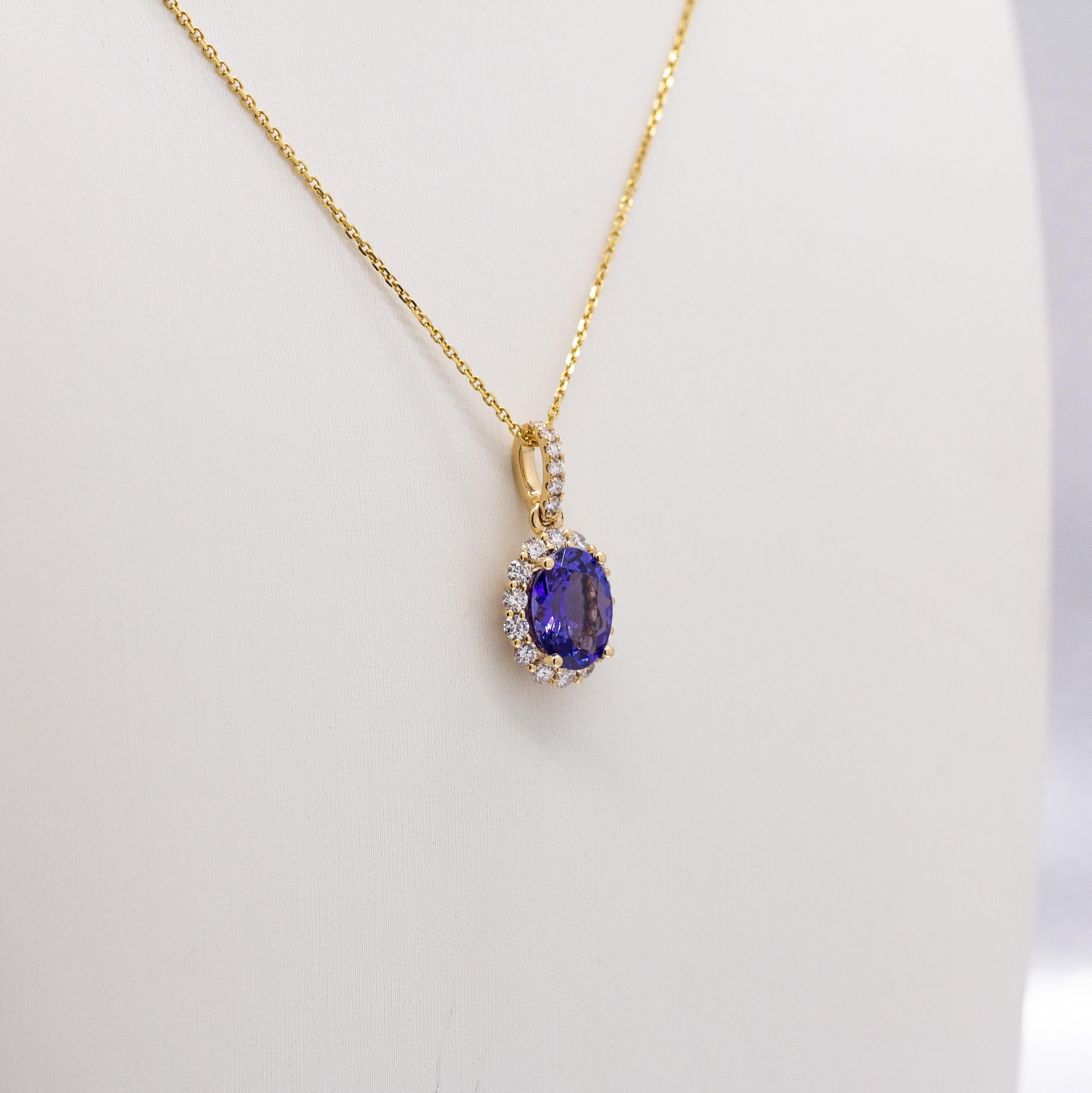 Contemporaneo Ciondolo con tanzanite da 1,6 carati e diamanti naturali: oro massiccio 14k, ovale 9x7mm in vendita