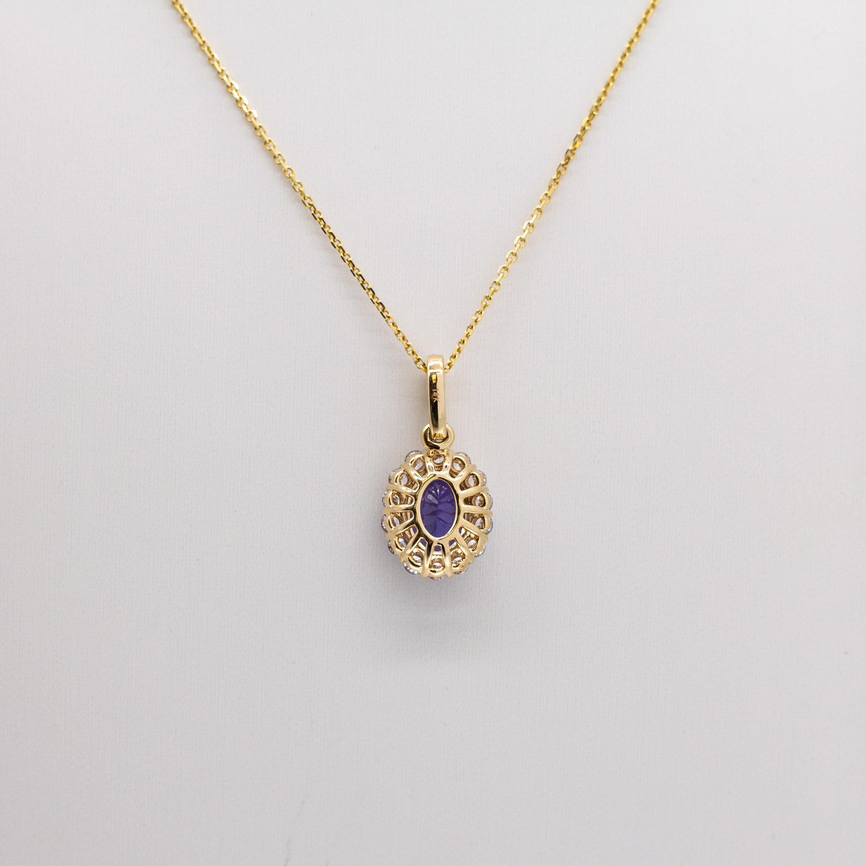 Ciondolo con tanzanite da 1,6 carati e diamanti naturali: oro massiccio 14k, ovale 9x7mm In condizioni Nuovo in vendita a Columbus, OH