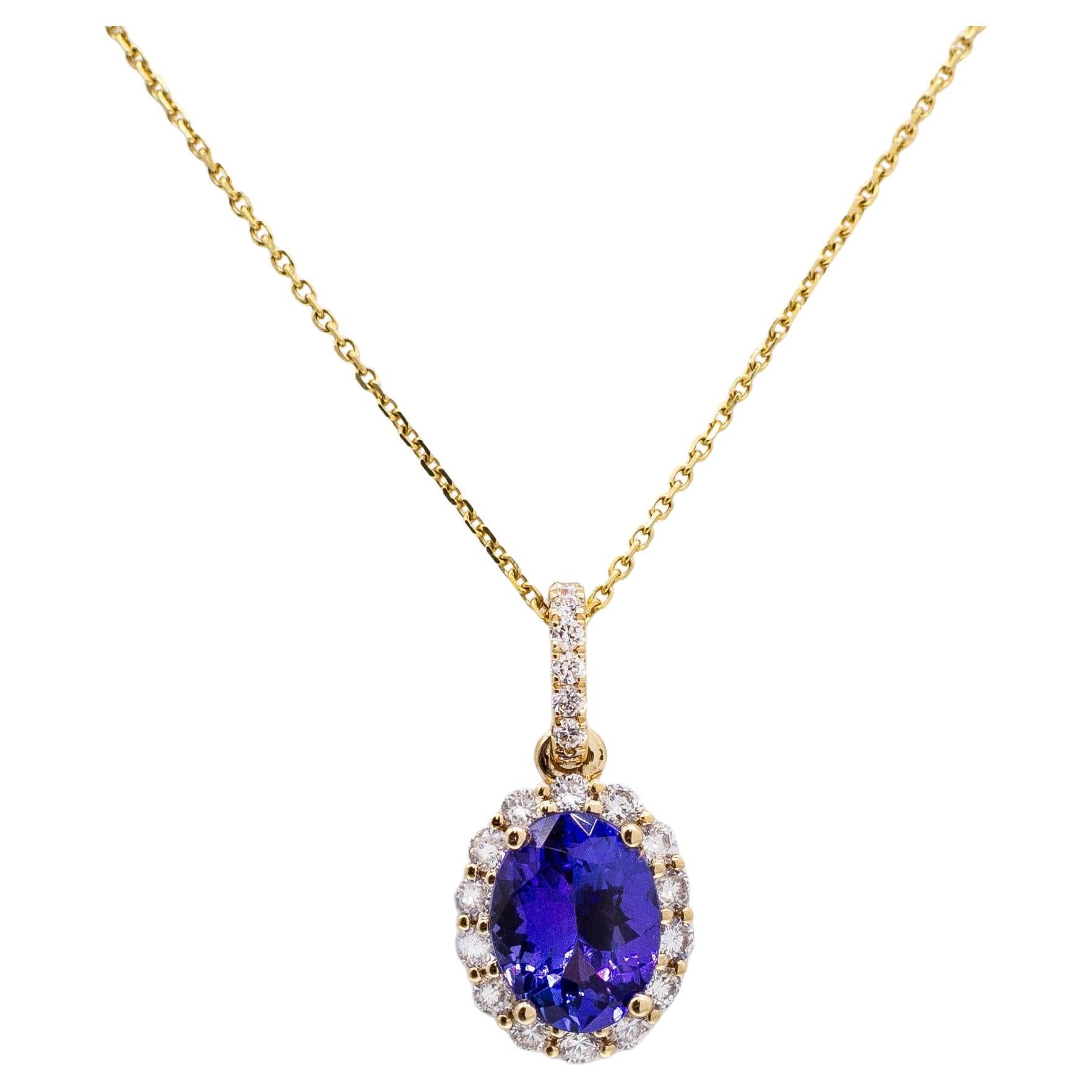 Pendentif Tanzanite 1.6cts avec Diamants Naturels Halo : 14k Solid Gold, Oval 9x7mm