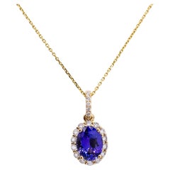 Pendentif Tanzanite 1.6cts avec Diamants Naturels Halo : 14k Solid Gold, Oval 9x7mm