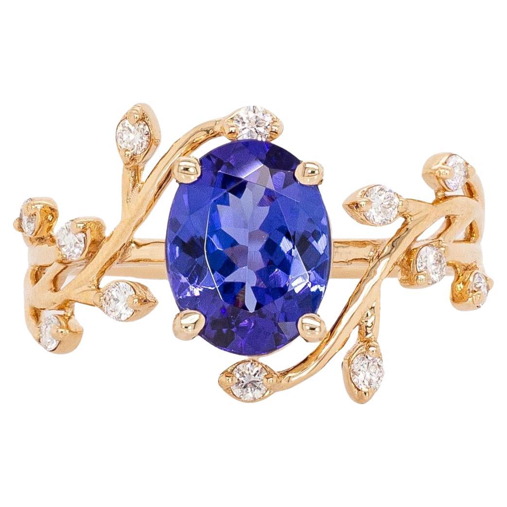 Anello con tanzanite da 1,6 carati e accenti di diamanti Nature: Oro massiccio 14k, ovale 9x7 mm